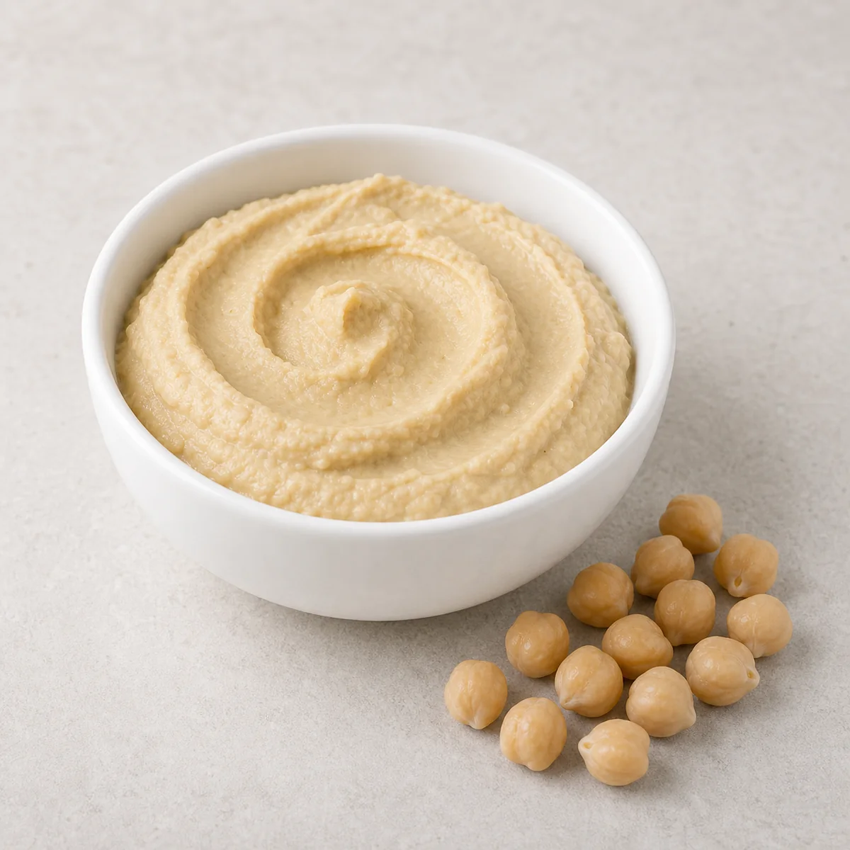 Plain hummus in a small bowl with chickpeas