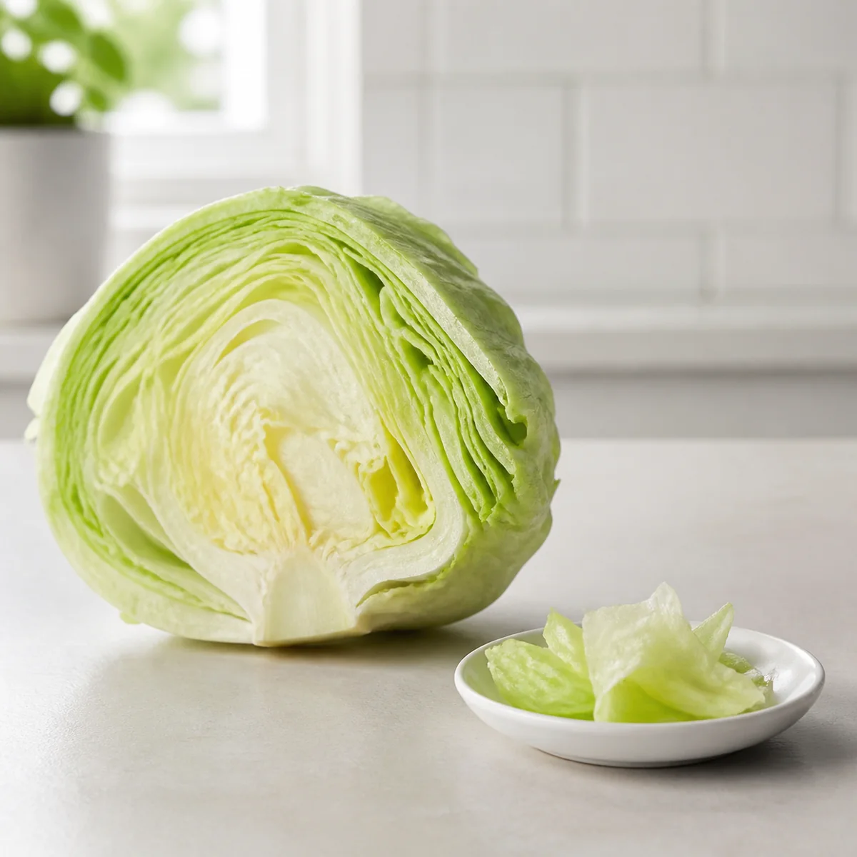 Iceberg lettuce wedge with tiny plain pieces on a small plate