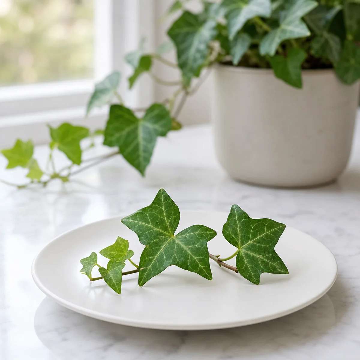 English ivy leaves on a plate beside a potted ivy plant