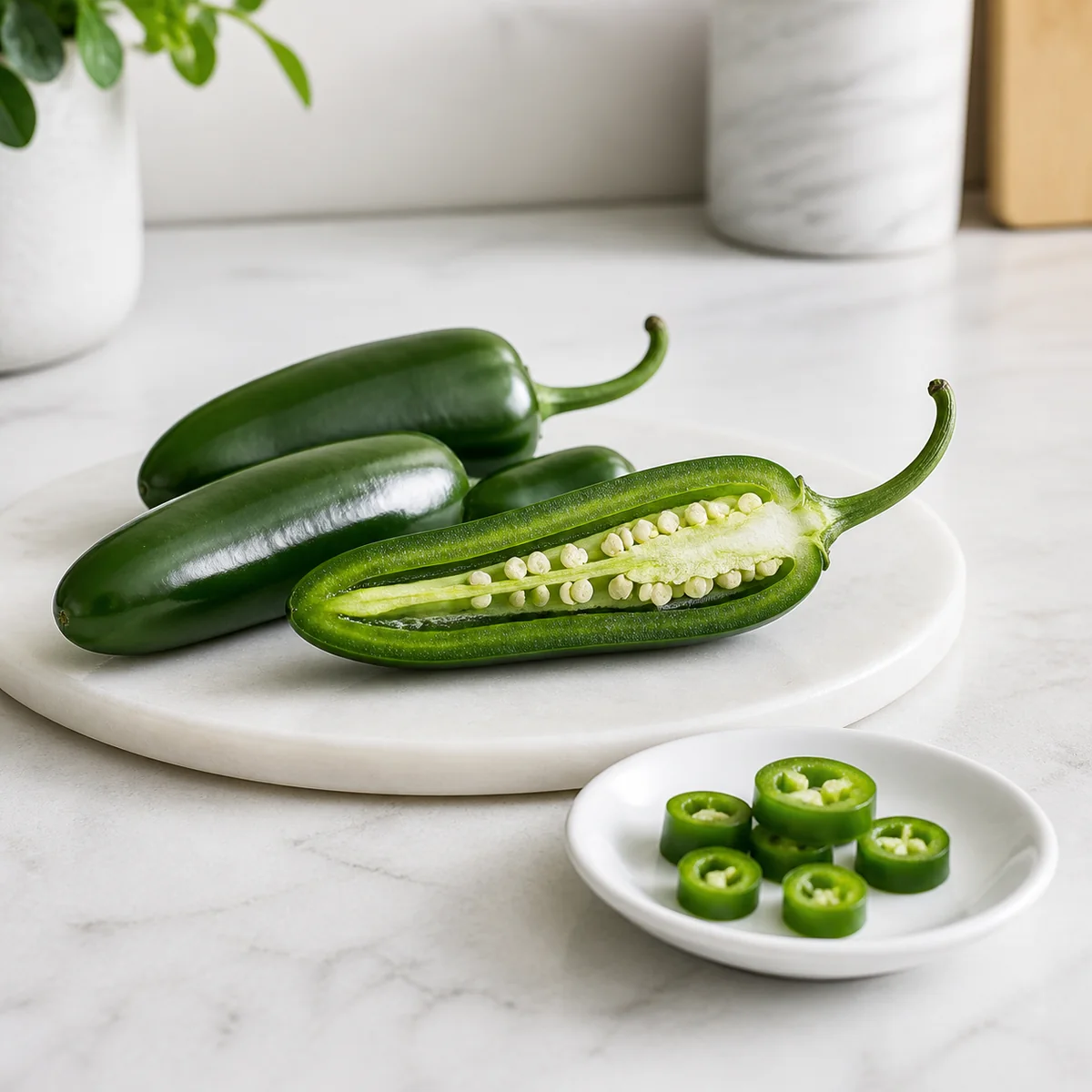 Fresh jalapenos with sliced pepper pieces on a small plate