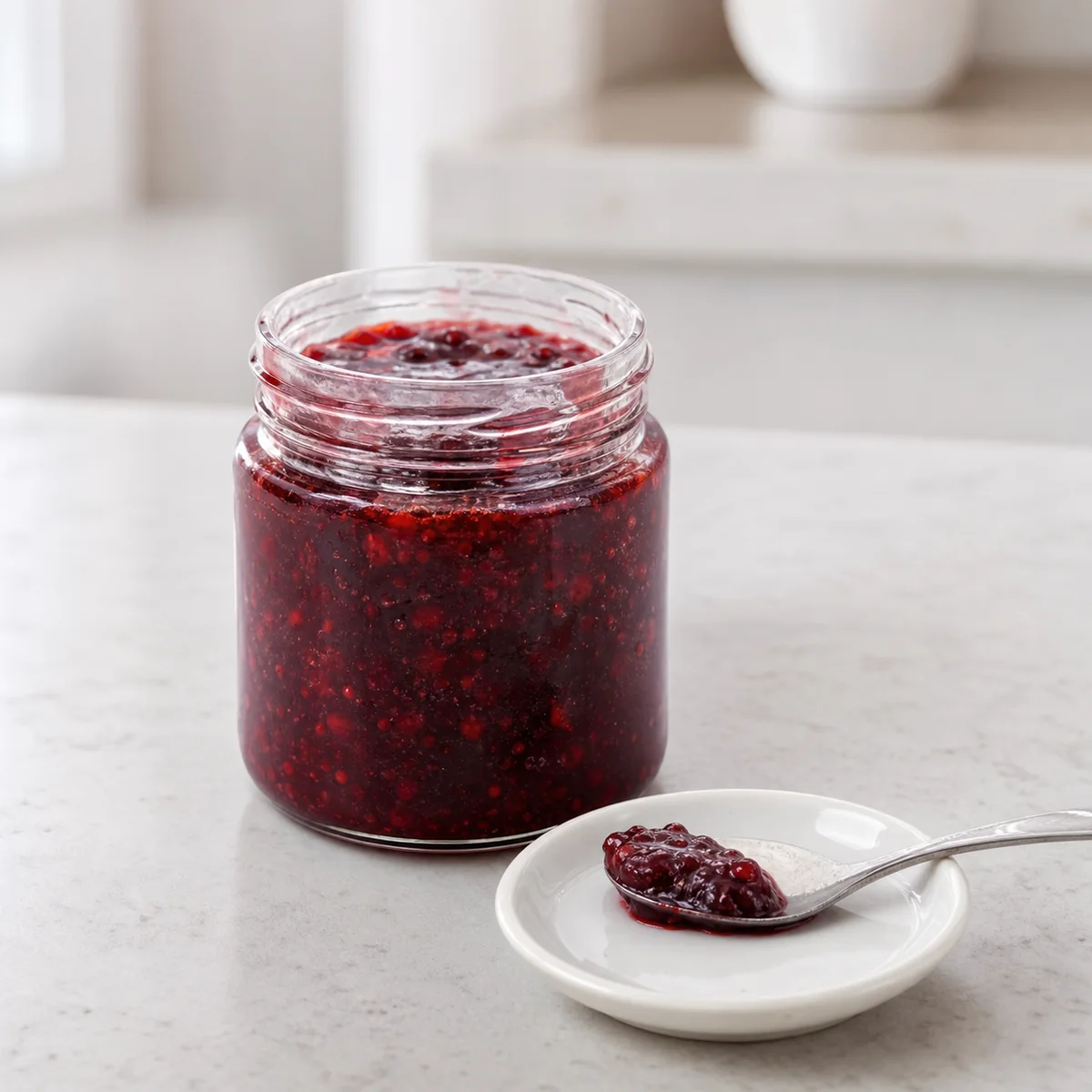 Open jar of red berry jam with a tiny spoonful on a saucer