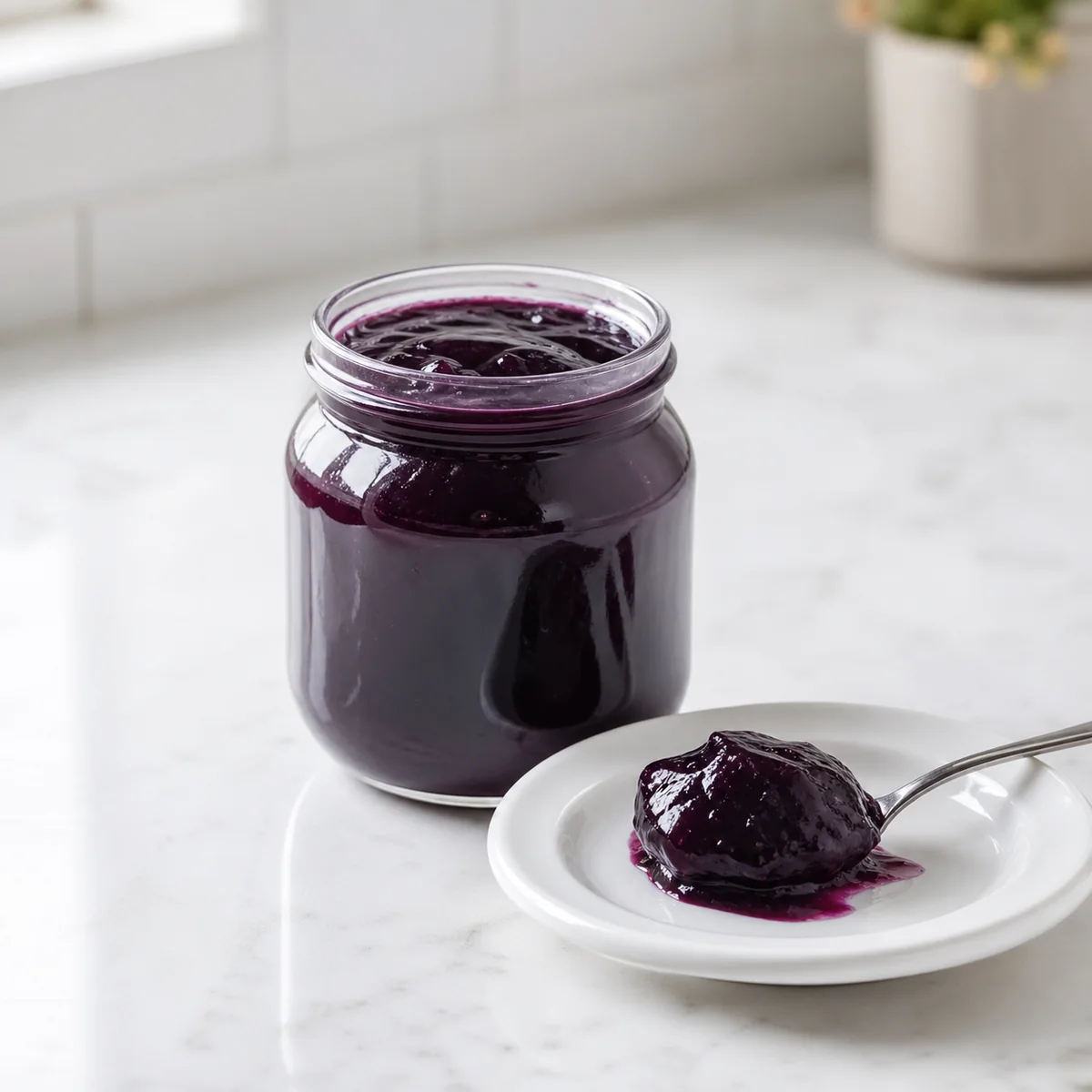 Small jar of smooth purple fruit jelly with a spoonful on a saucer