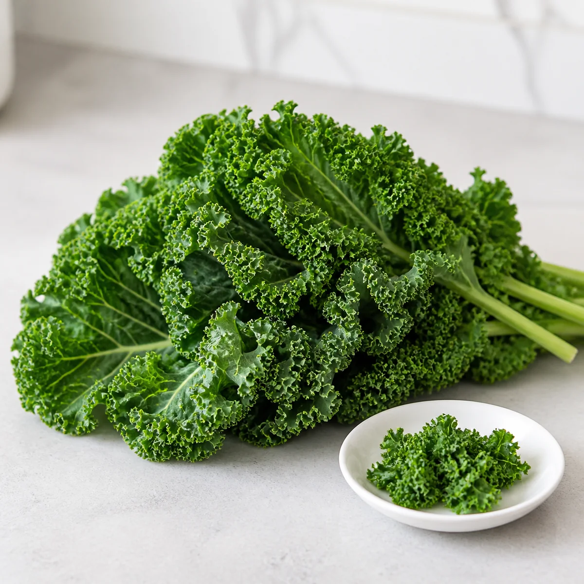 Fresh curly kale leaves with tiny chopped kale on a small plate