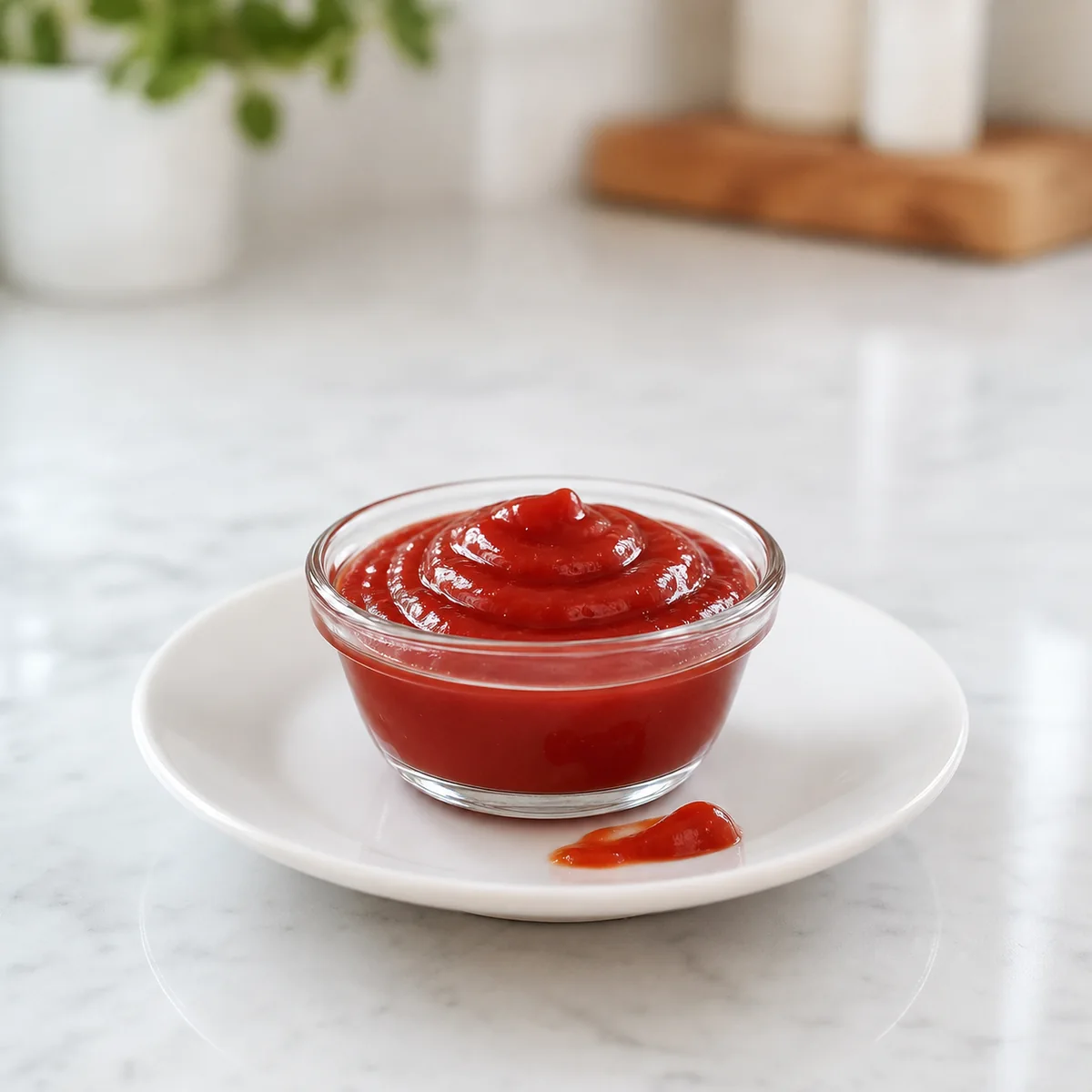 Small cup of ketchup with a tiny smear on a white saucer