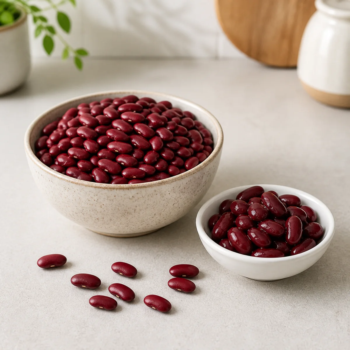 Dry red kidney beans and plain cooked kidney beans in small bowls