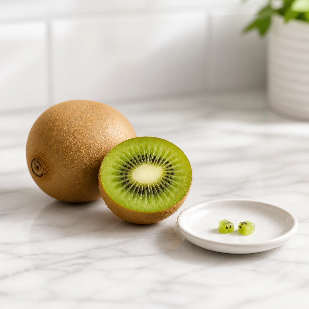 Whole and sliced kiwi with tiny plain pieces on a small plate
