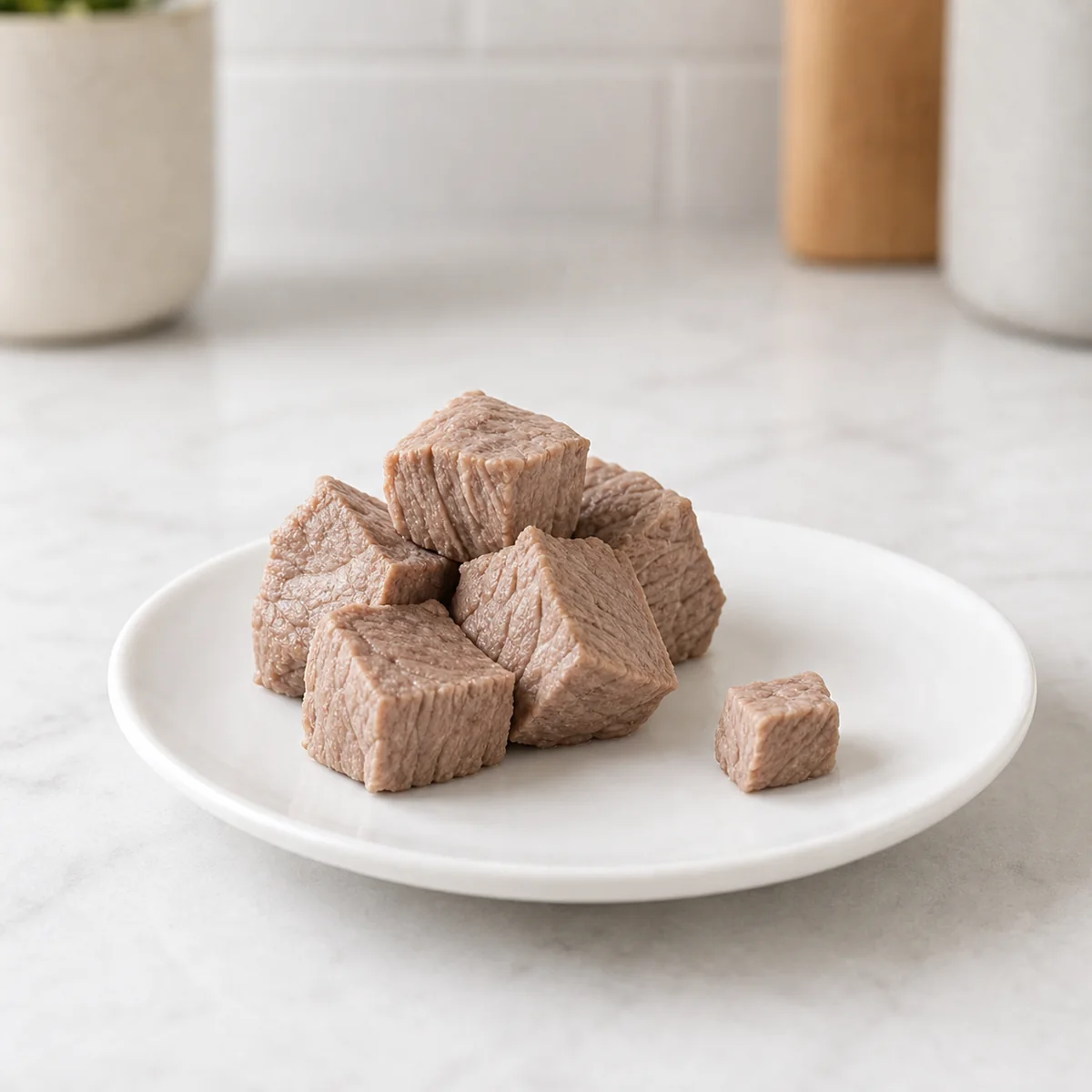 Plain cooked lamb cubes on a small white plate