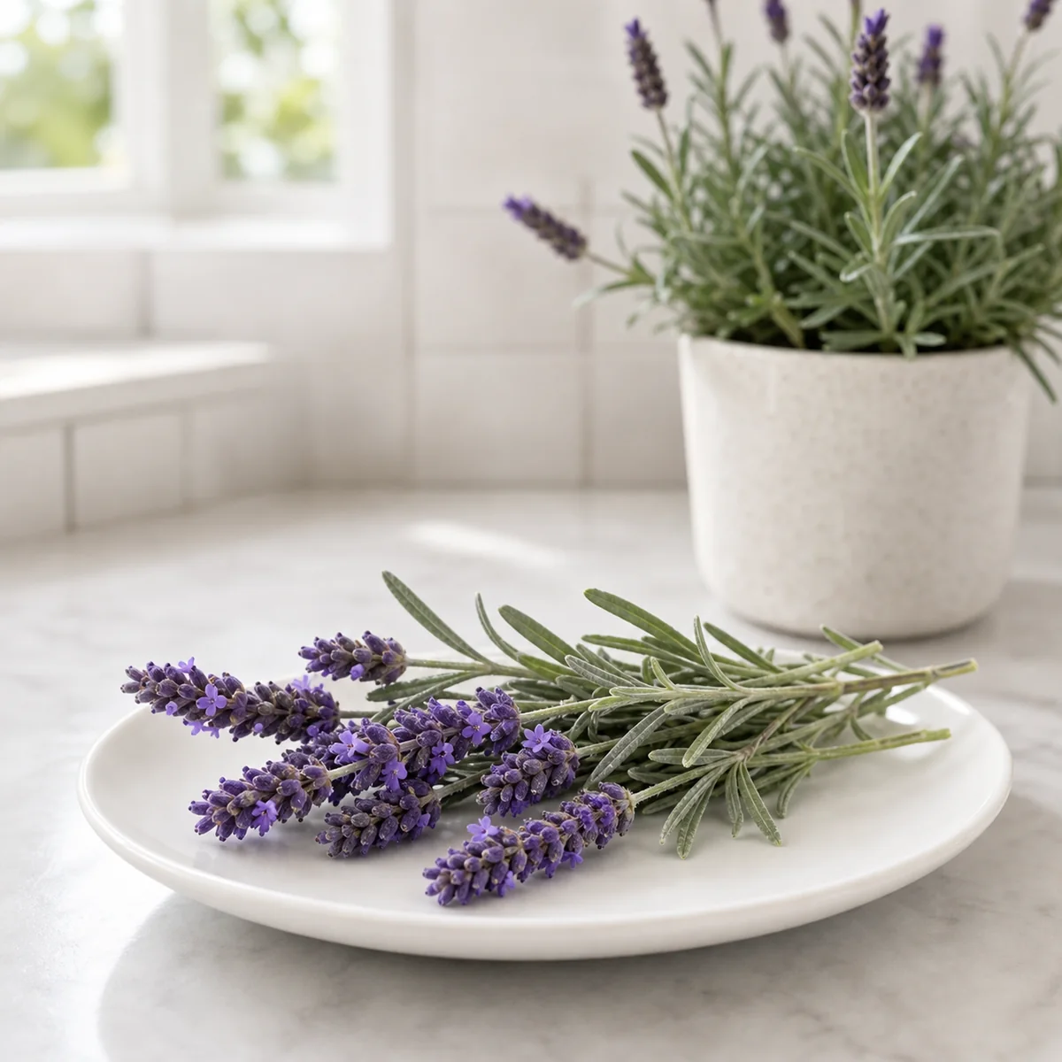 Lavender sprigs with purple flowers beside a potted lavender plant