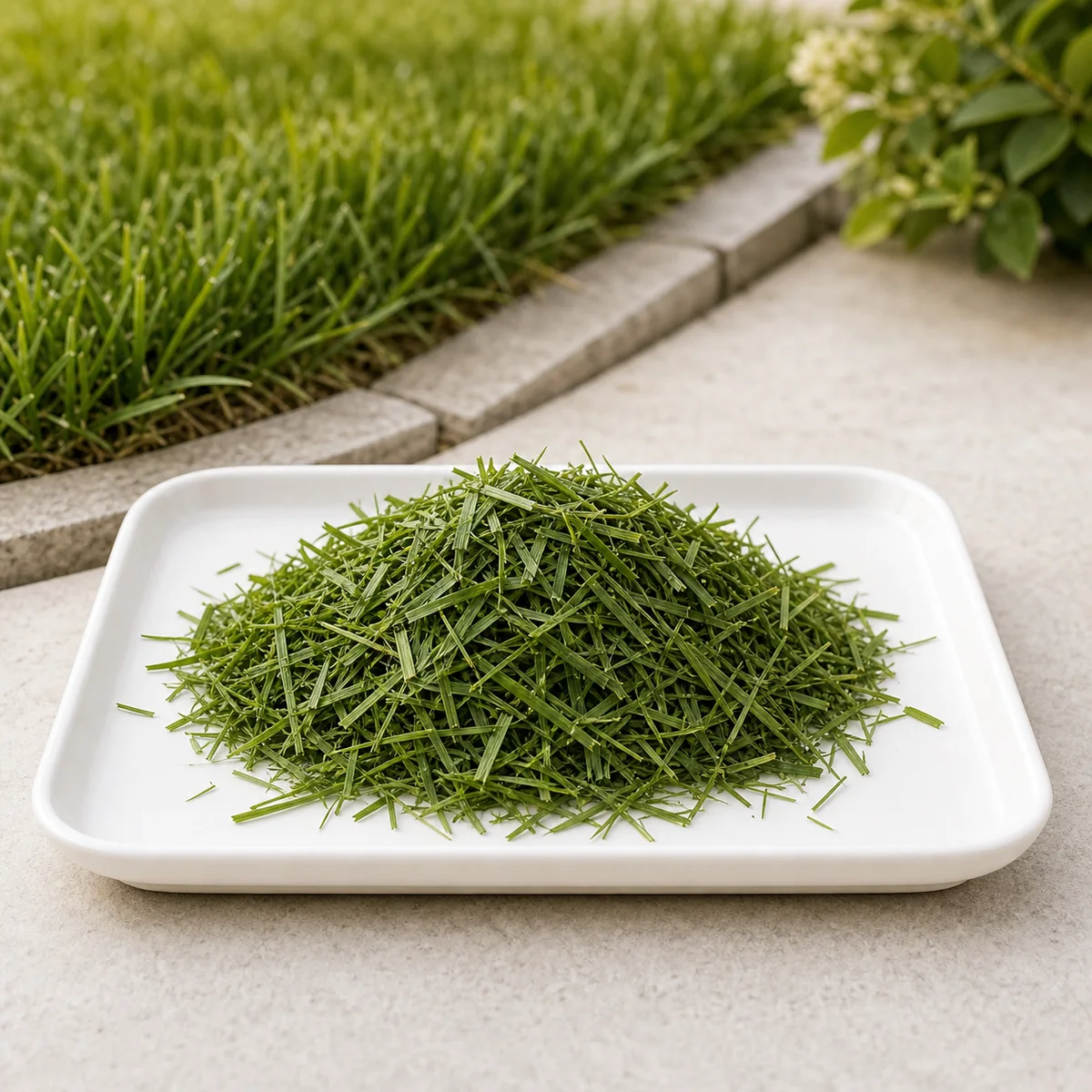 Fresh lawn clippings piled on a white tray beside a lawn edge