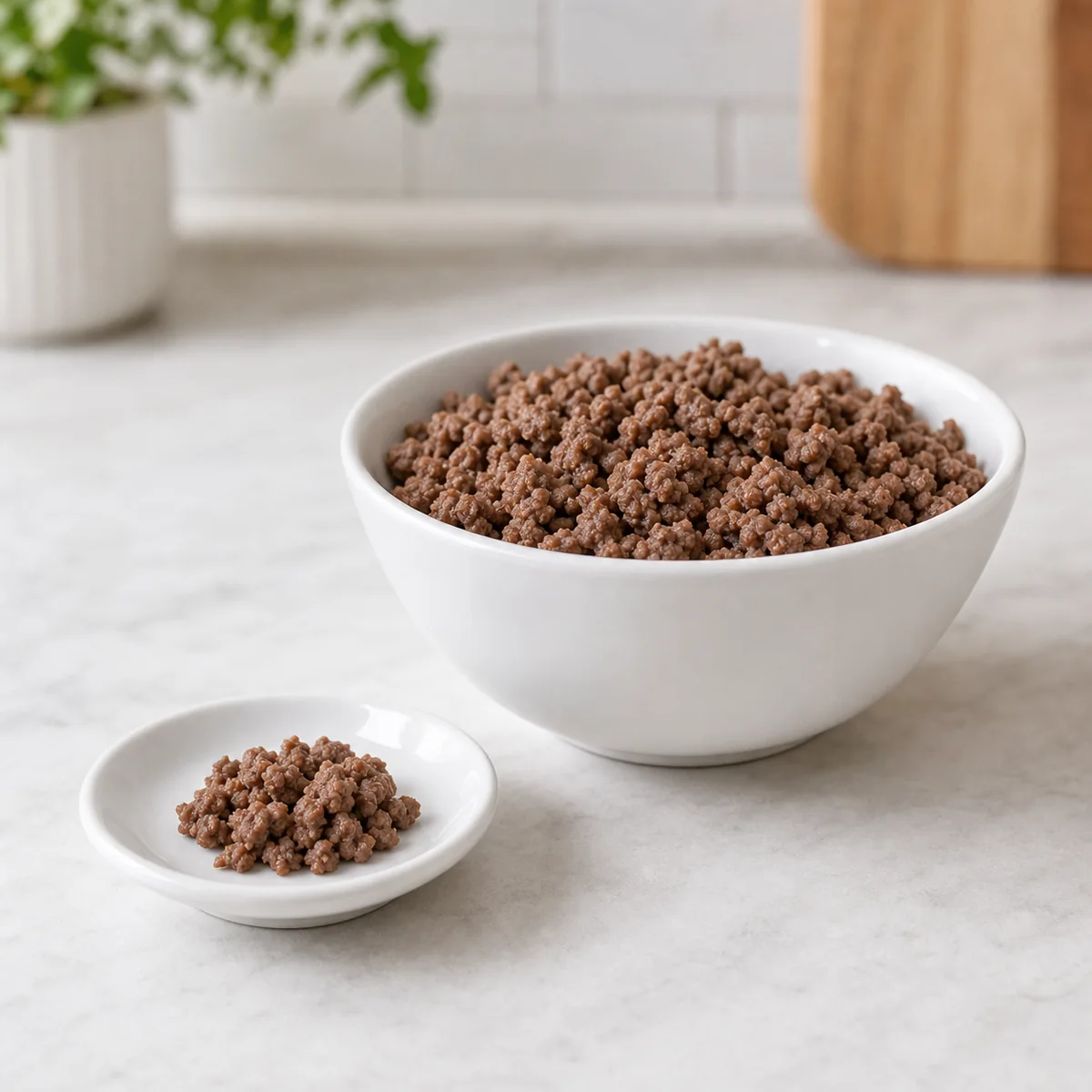 Plain cooked lean ground beef crumbles in a small white bowl
