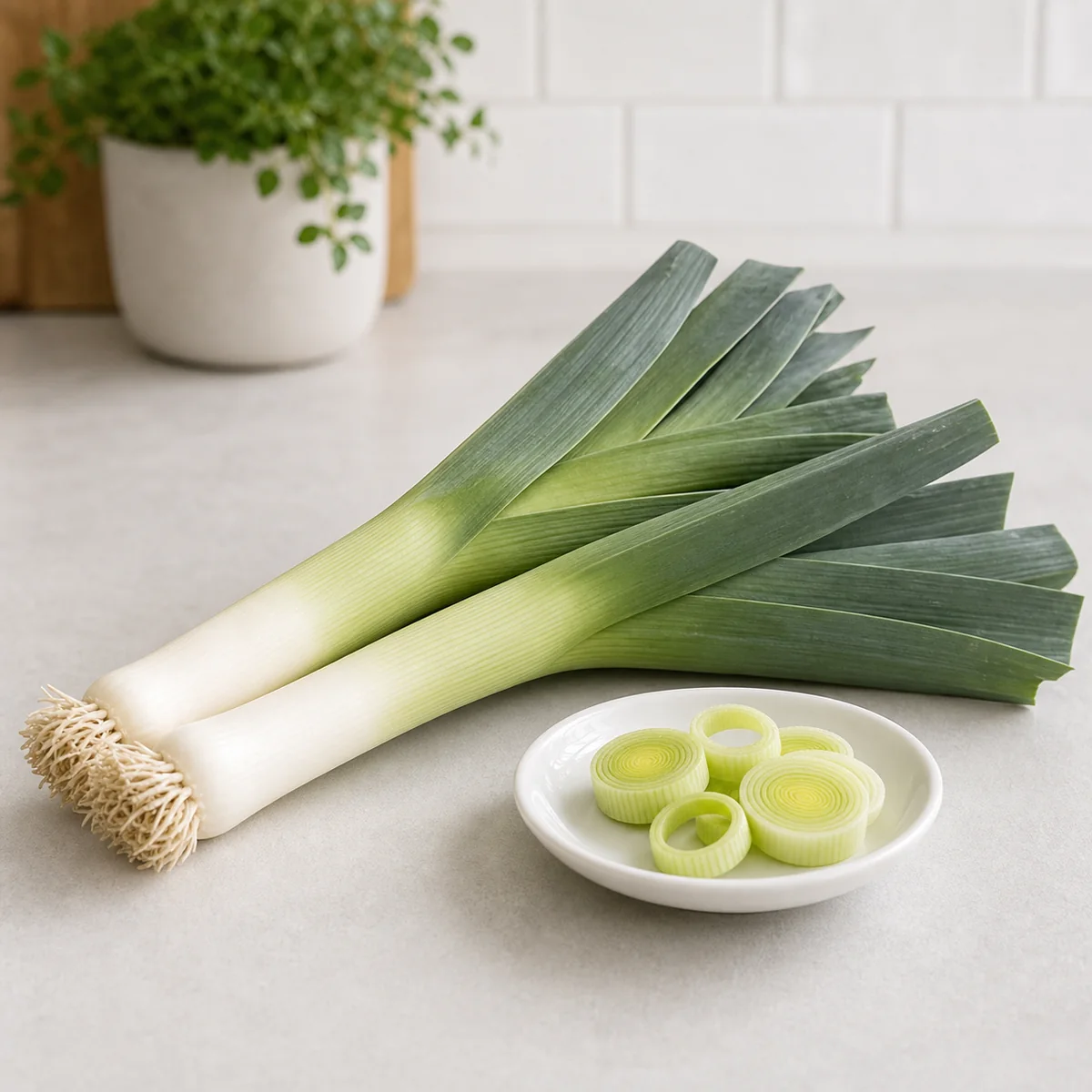 Whole leeks and sliced leek rings on a small plate