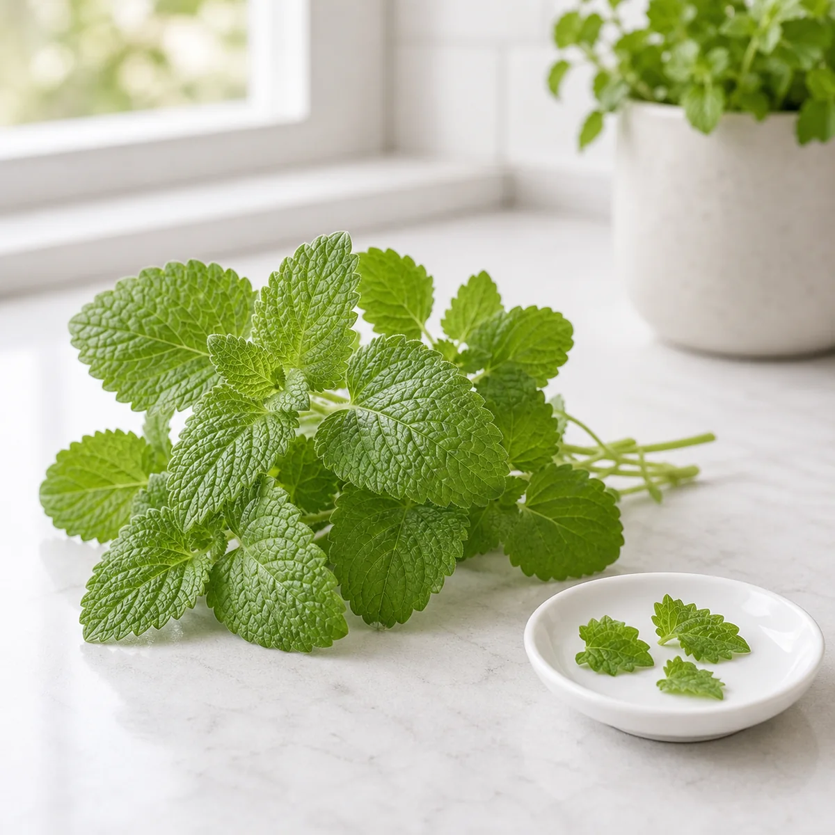 Fresh lemon balm sprigs with tiny torn leaves on a small saucer