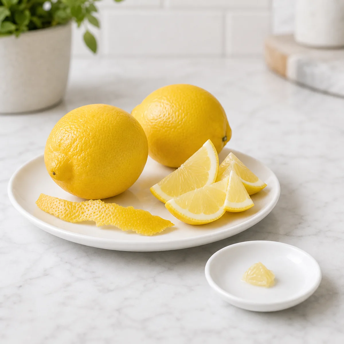 Whole lemons, lemon wedges, and lemon peel on a white plate