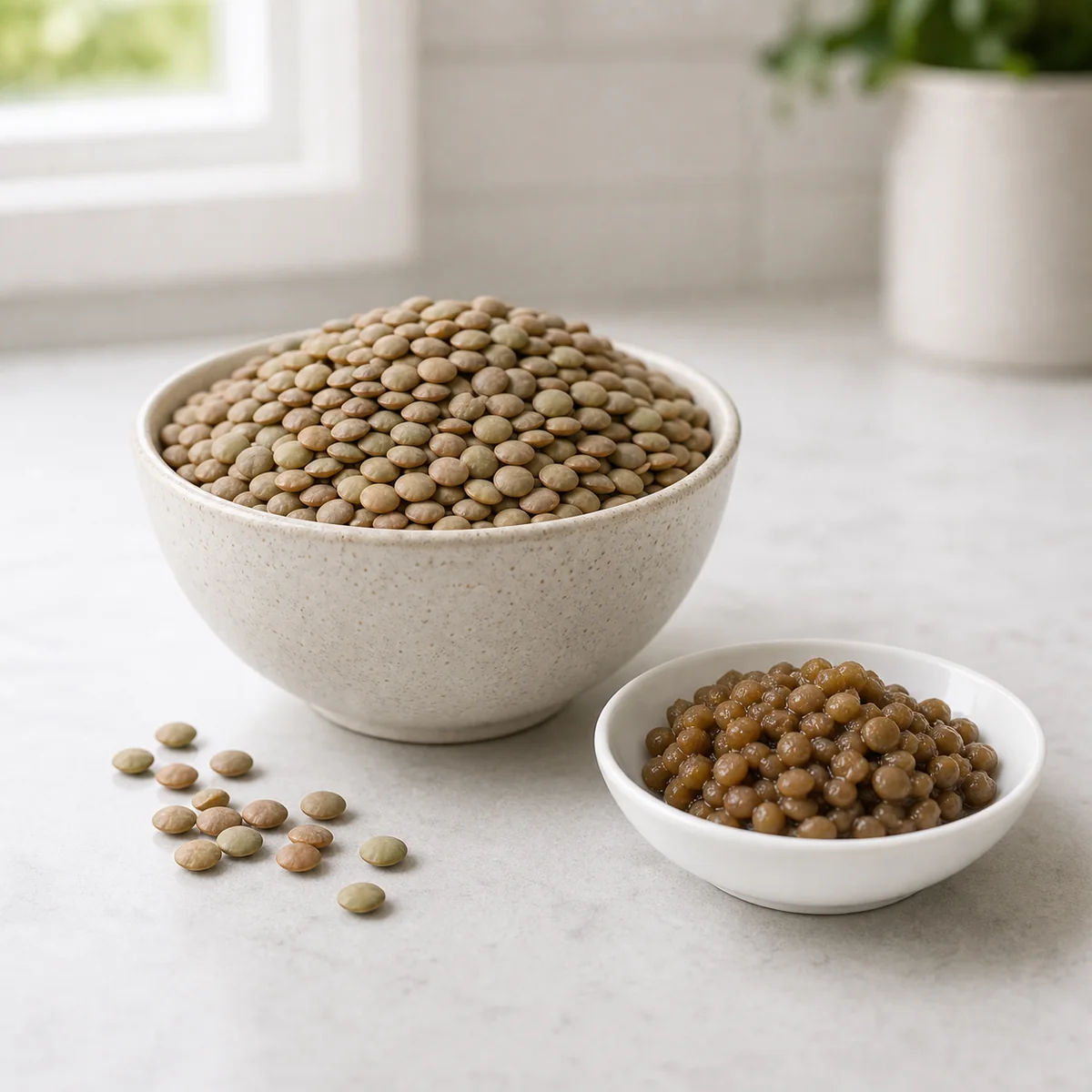 Dry lentils and plain cooked lentils in small bowls