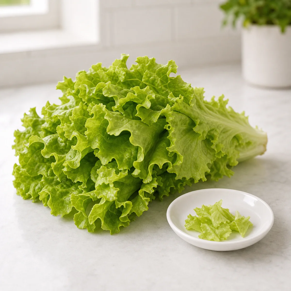 Loose green lettuce leaves with tiny torn pieces on a saucer