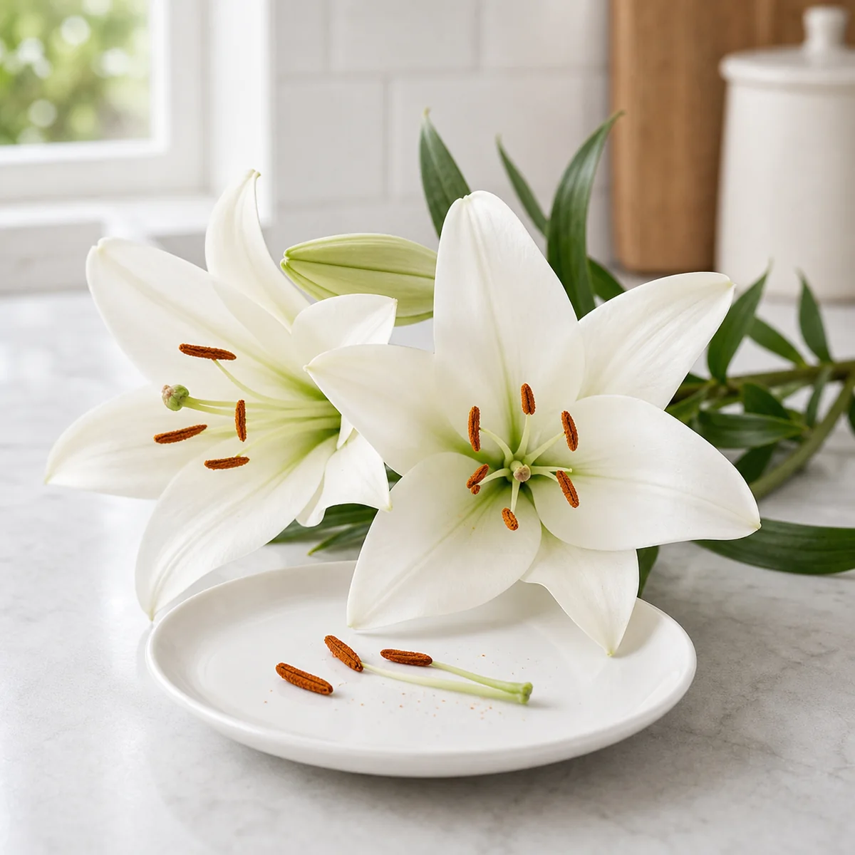 White lily flowers with visible pollen-bearing stamens on a plate