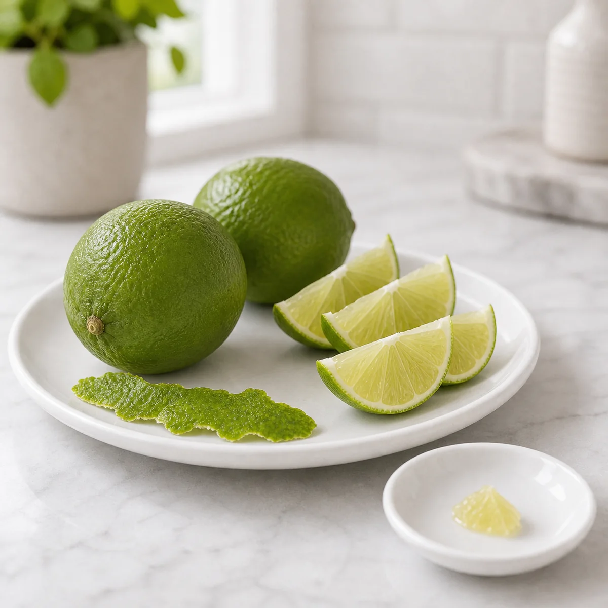 Whole limes, lime wedges, and lime peel on a white plate