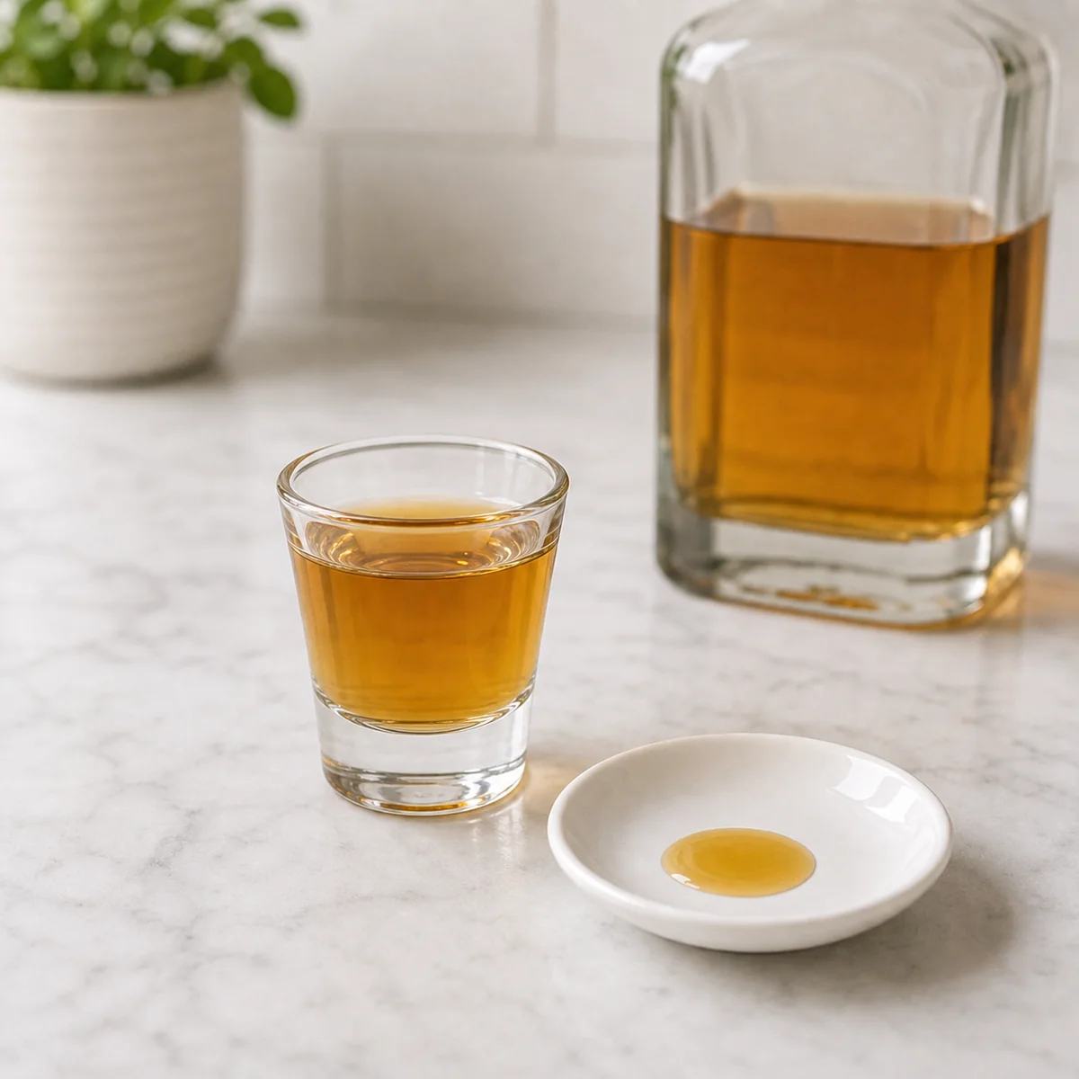 Shot glass of amber liquor beside a small spill on a saucer