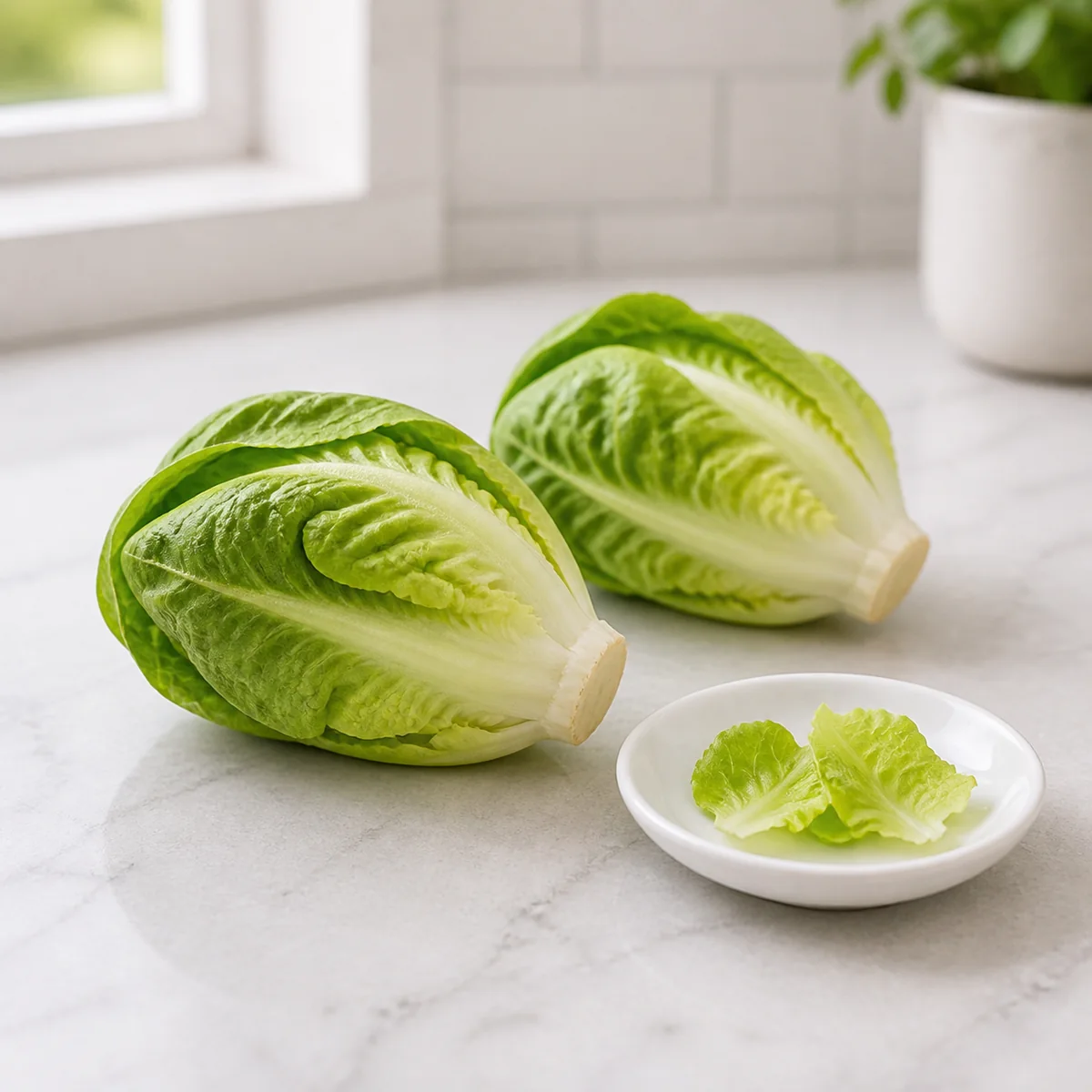 Little Gem lettuce heads with tiny torn leaves on a saucer