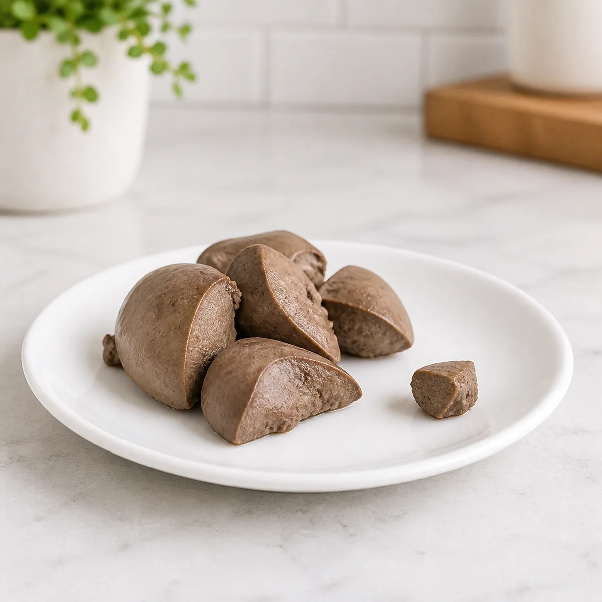 Plain cooked liver pieces on a small white plate