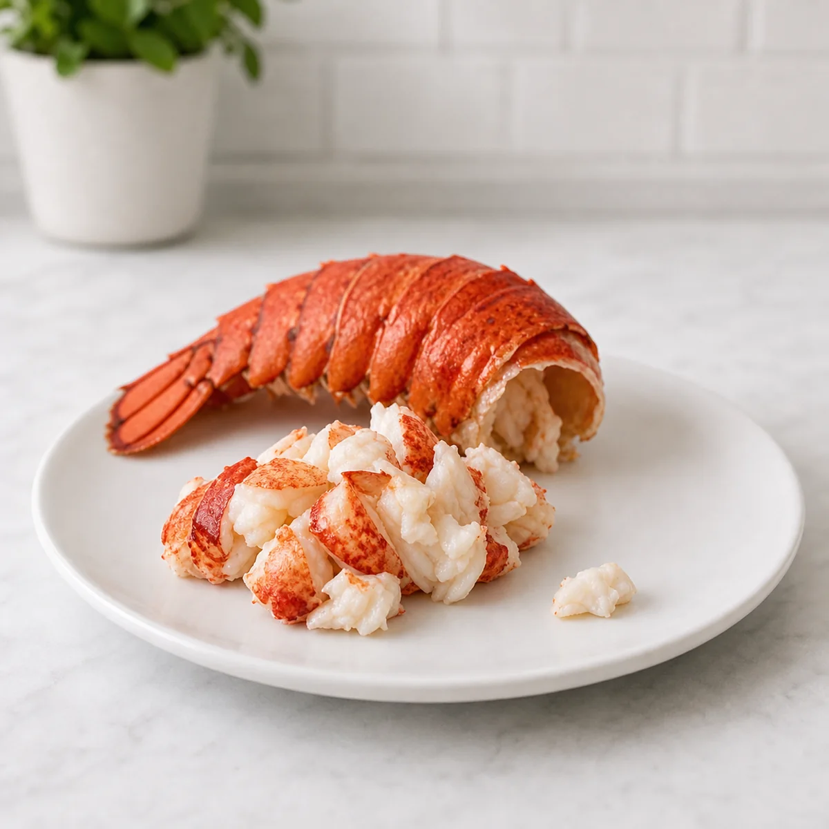 Plain cooked lobster meat with a clean lobster shell piece on a plate