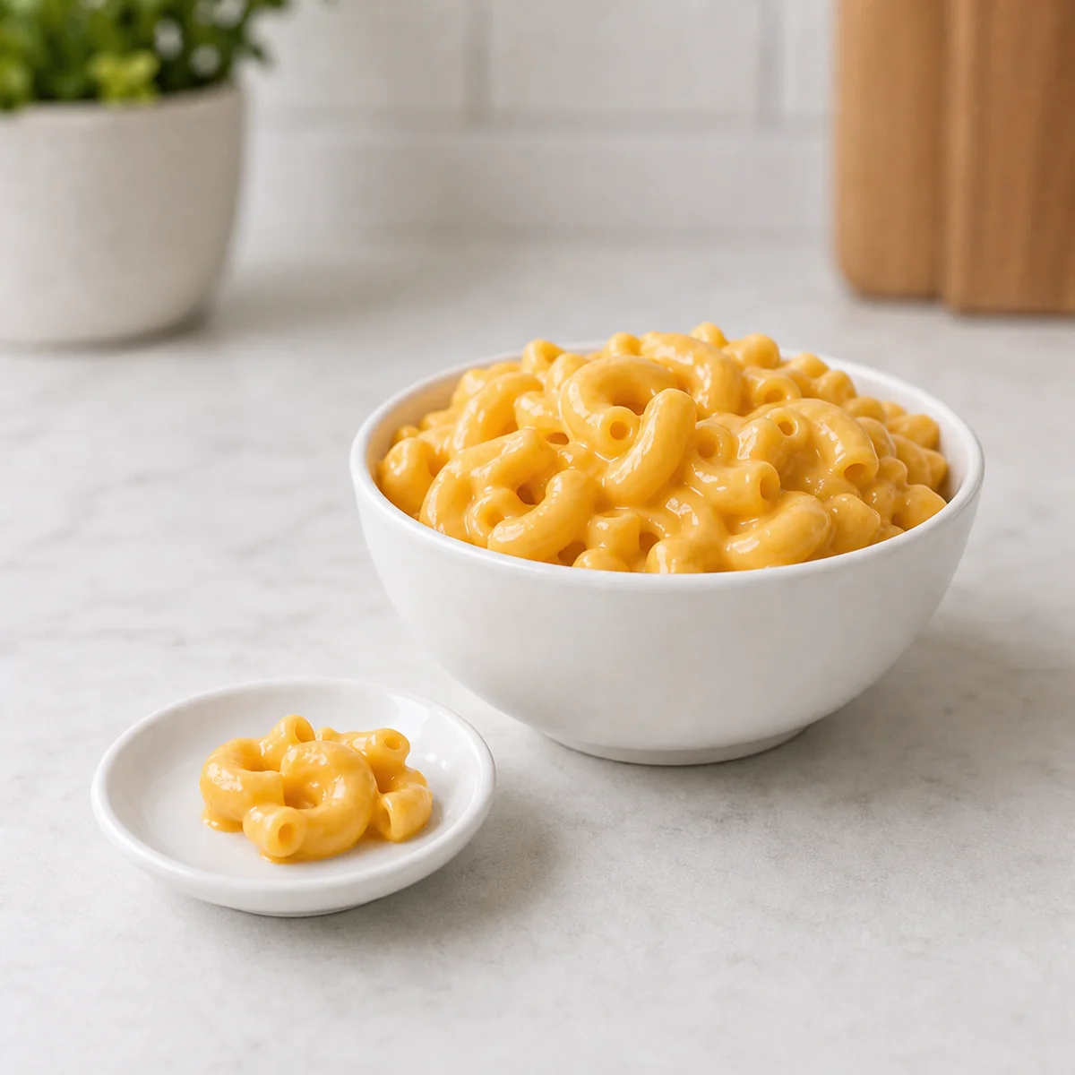 Small bowl of macaroni and cheese with a tiny spoonful on a saucer