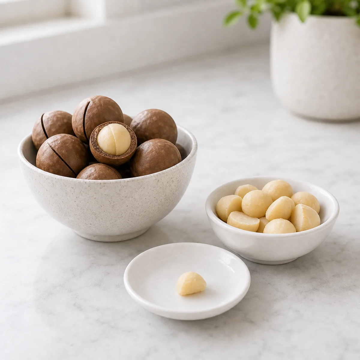 Macadamia nuts in small white bowls with one tiny piece set apart