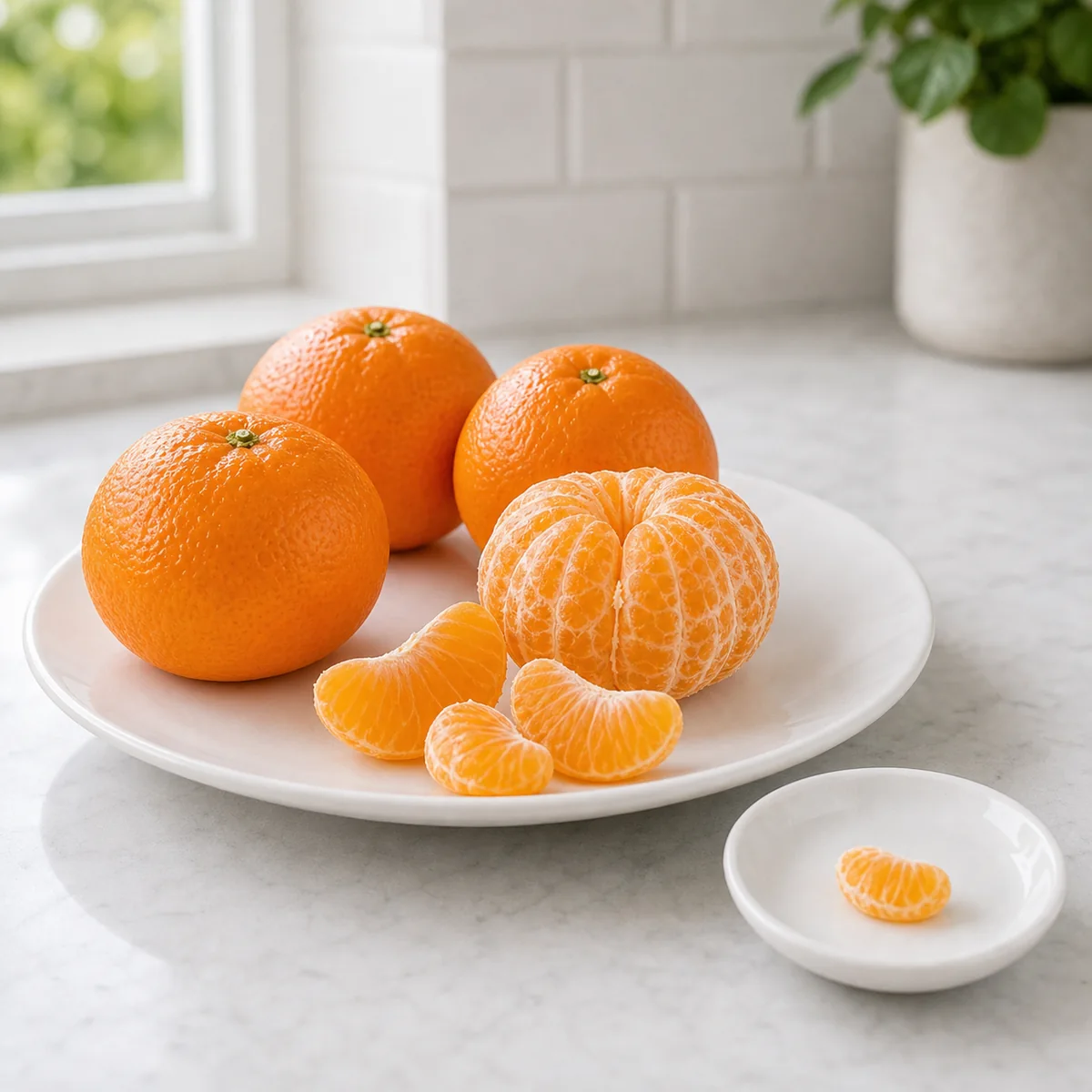 Whole mandarins and peeled mandarin segments with a tiny piece on a saucer