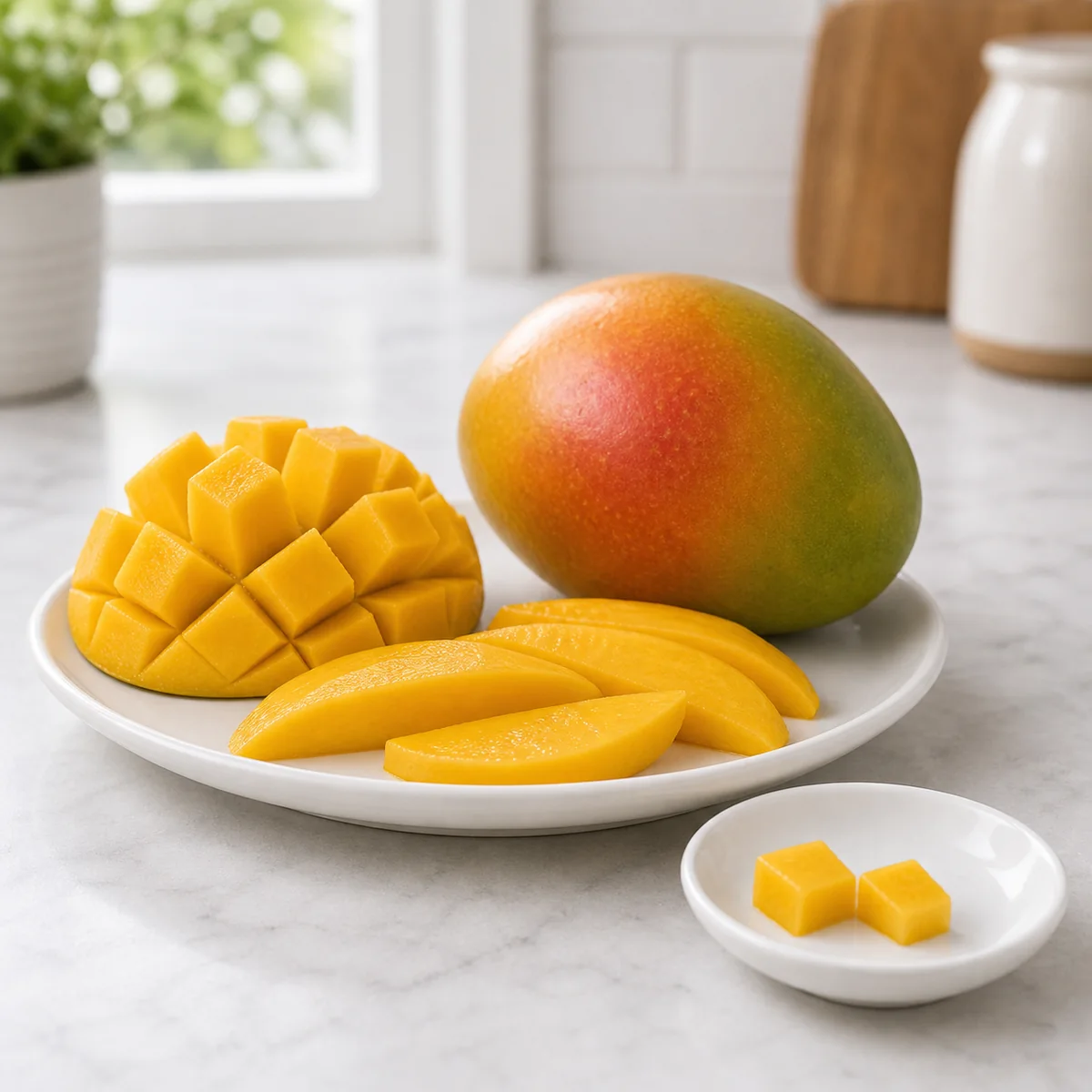 Peeled mango slices and tiny mango cubes on a small saucer