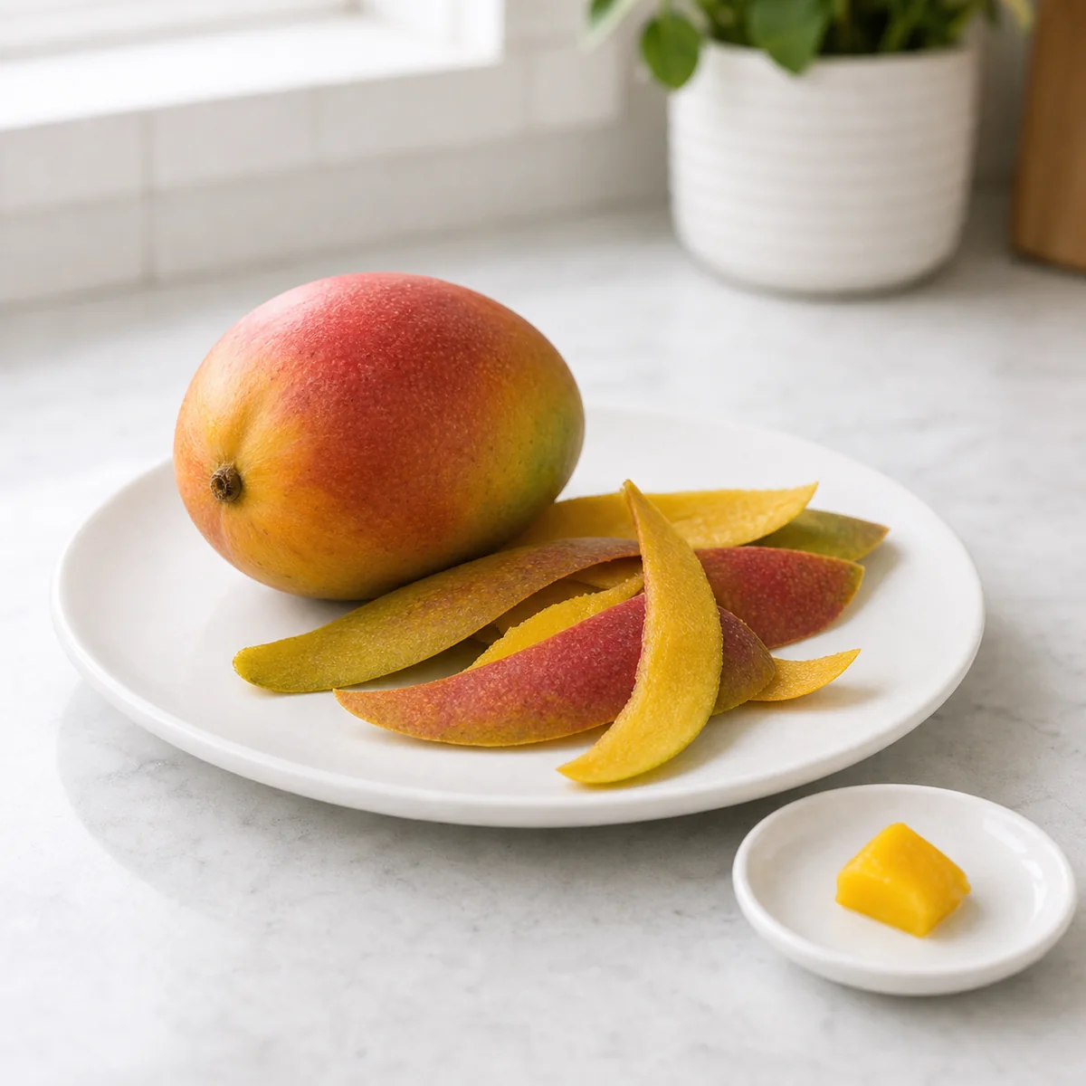 Mango peel strips beside a ripe mango and a tiny piece of mango flesh