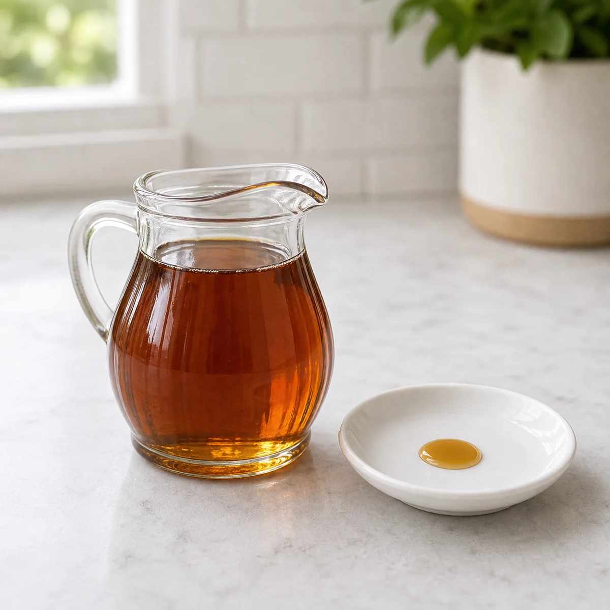 Small pitcher of maple syrup with a tiny drop on a saucer