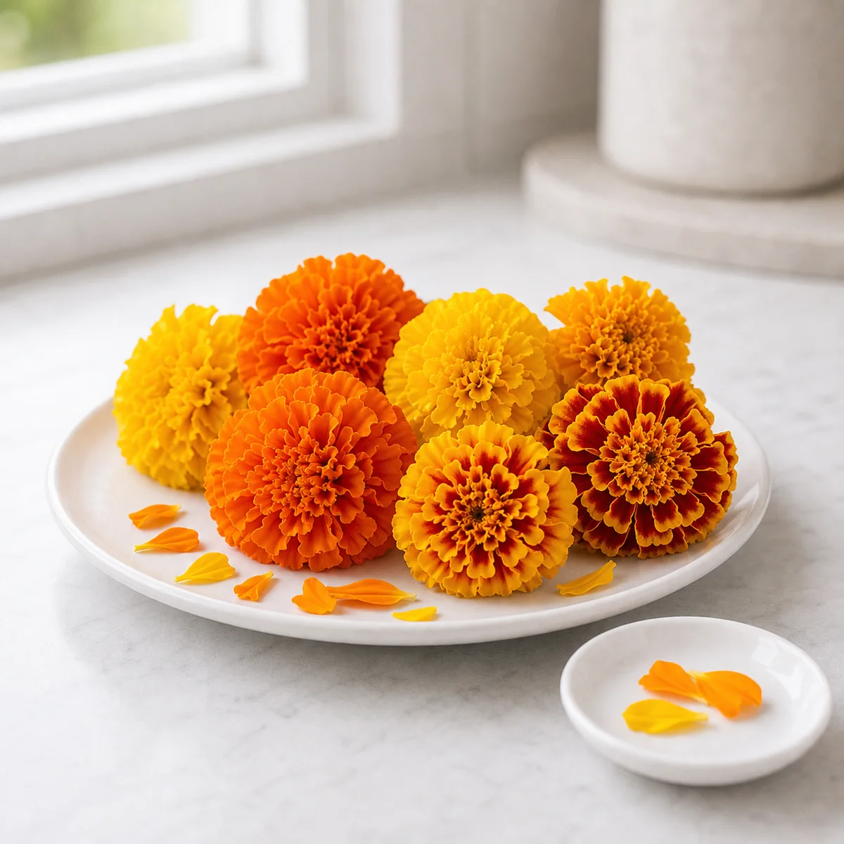 Orange and yellow marigold blossoms with clean petals on a saucer