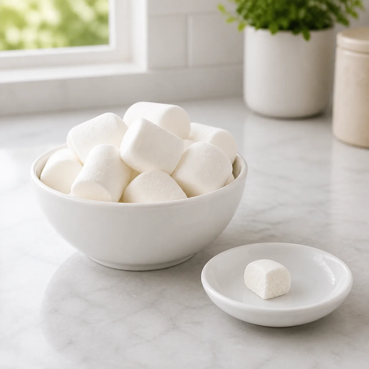 Plain white marshmallows with one tiny piece on a saucer