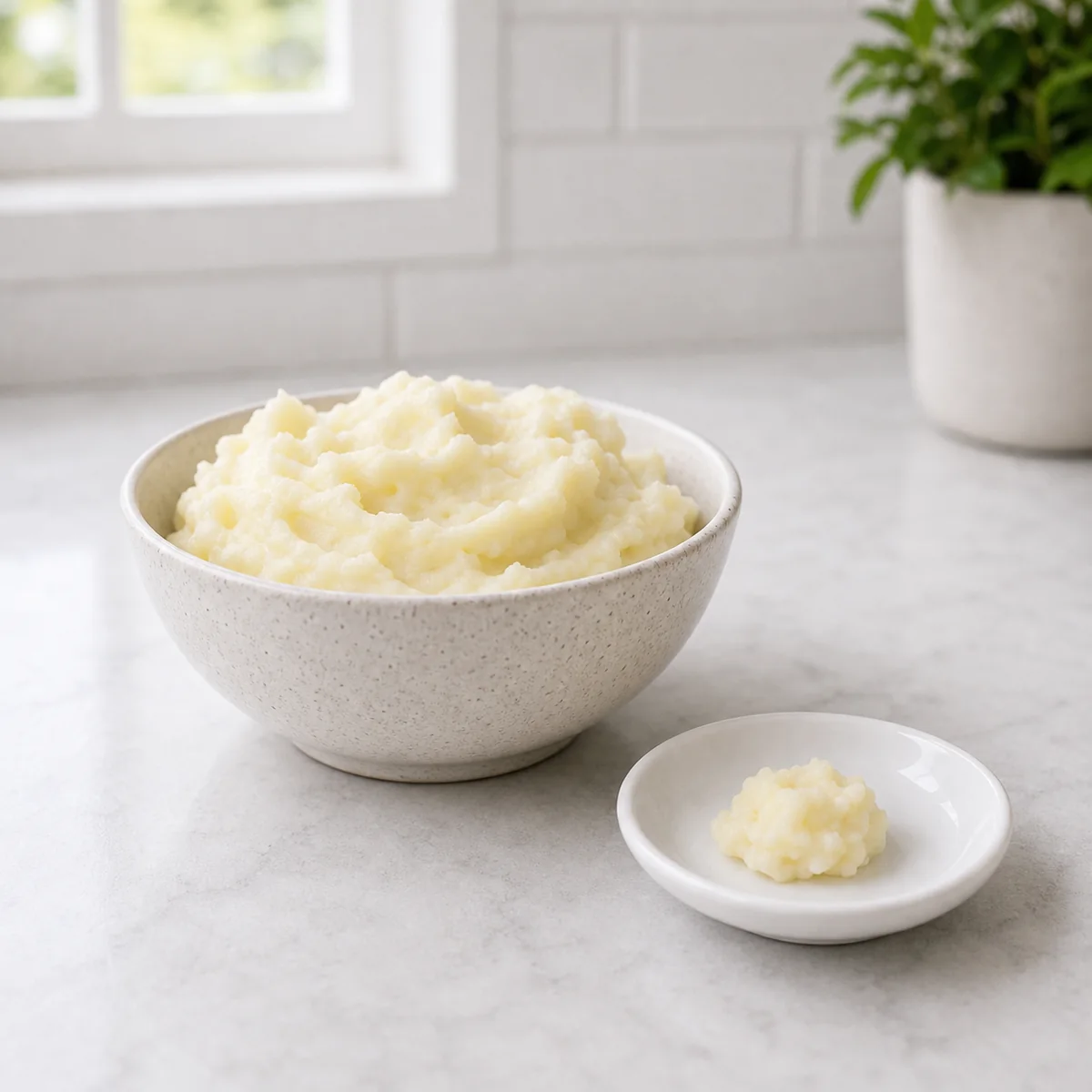Small bowl of mashed potatoes with a tiny spoonful on a saucer