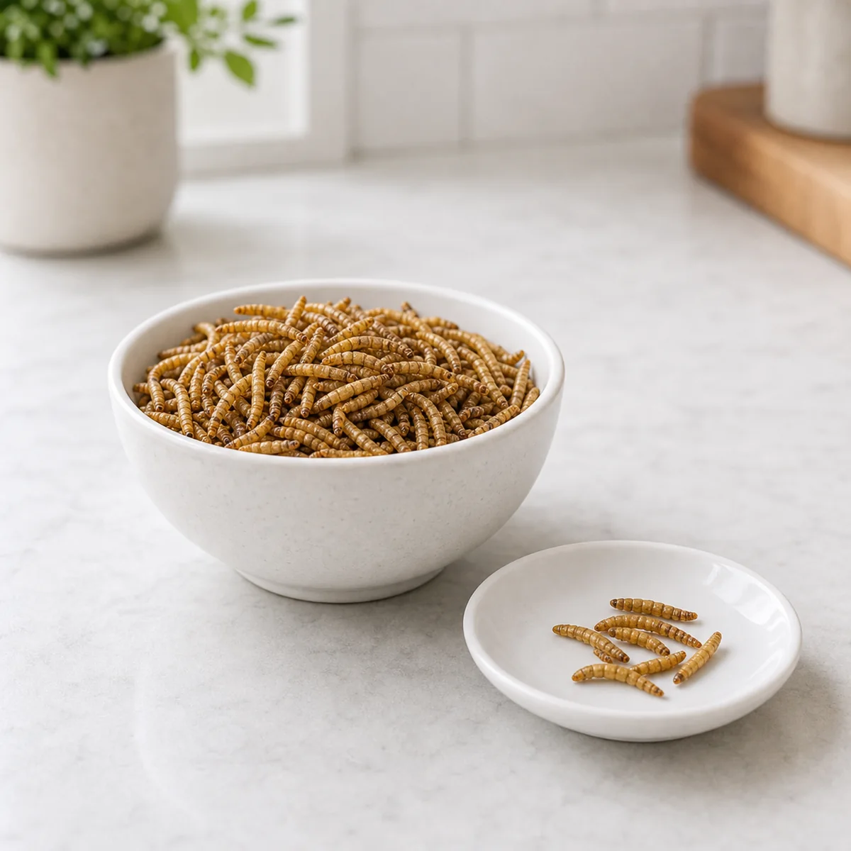 Dried mealworms in a small bowl with a few pieces on a saucer