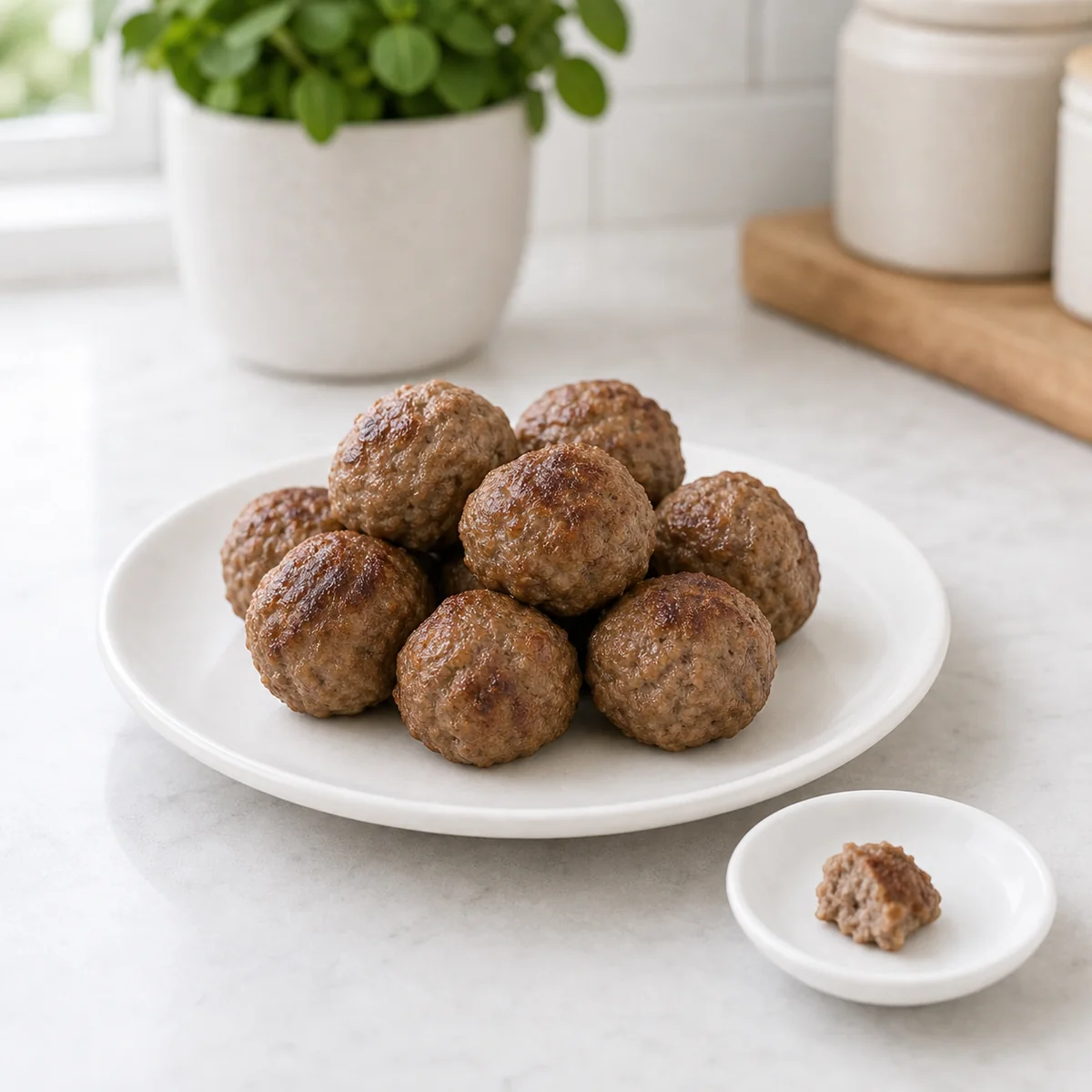 Cooked meatballs on a white plate with a tiny broken piece on a saucer