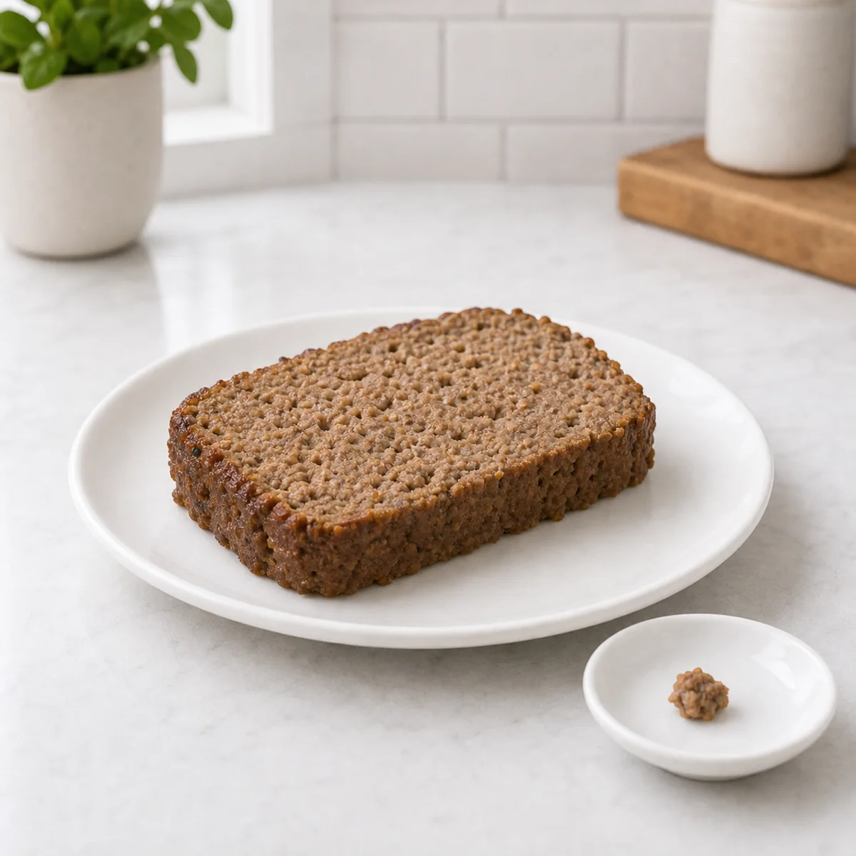 Plain slice of cooked meatloaf with a tiny crumb on a saucer