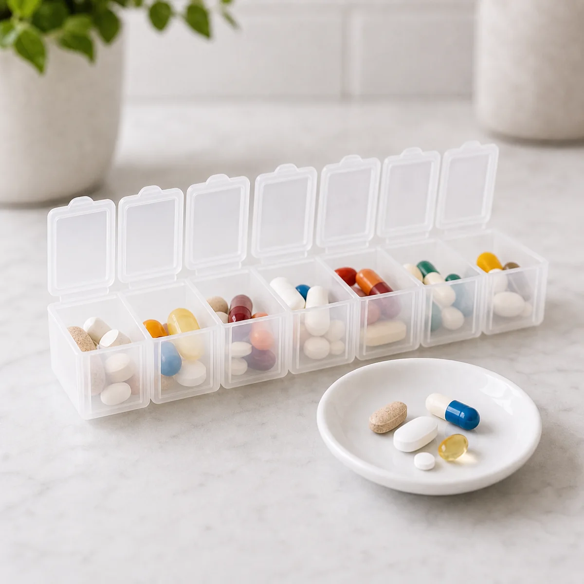Open pill organizer with assorted human medication and pills on a saucer