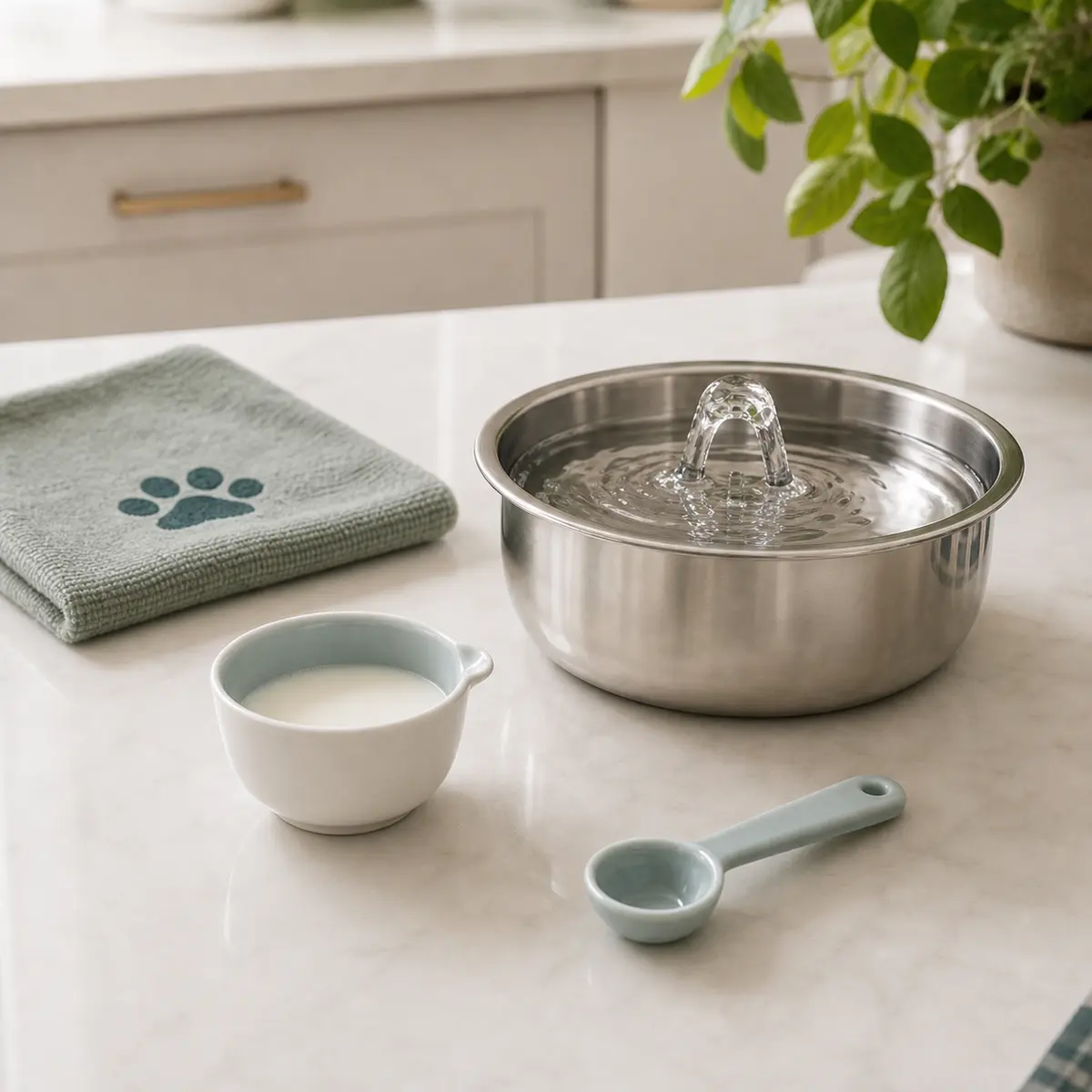 Tiny milk portion beside a cat water setup