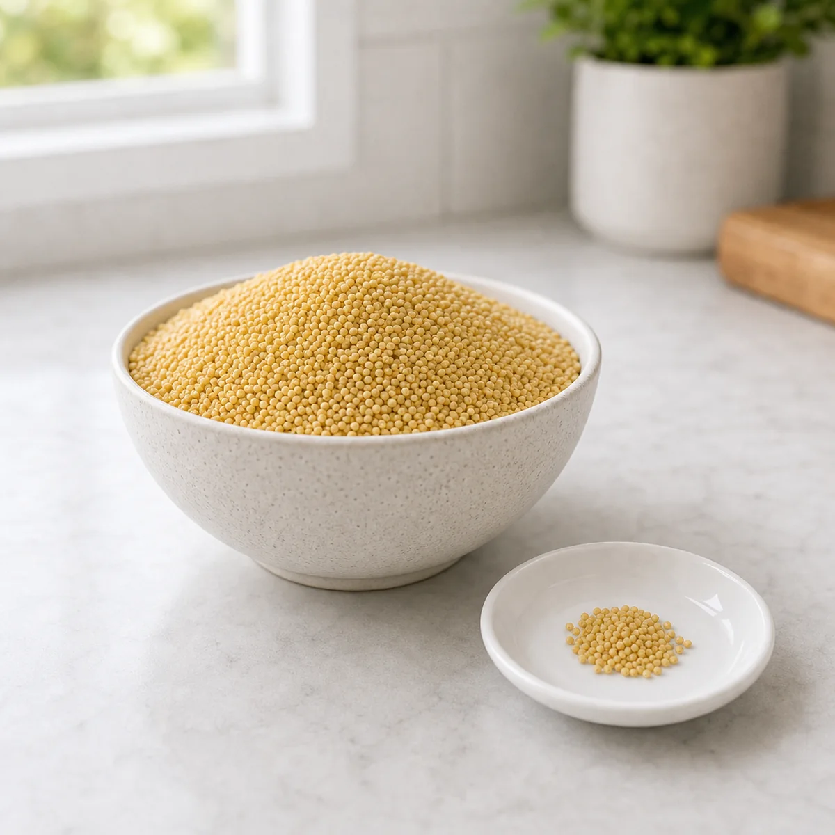Plain millet grains with a tiny pinch on a saucer