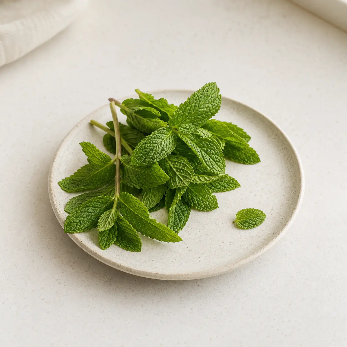 Fresh mint leaves on a small saucer with one tiny leaf set aside