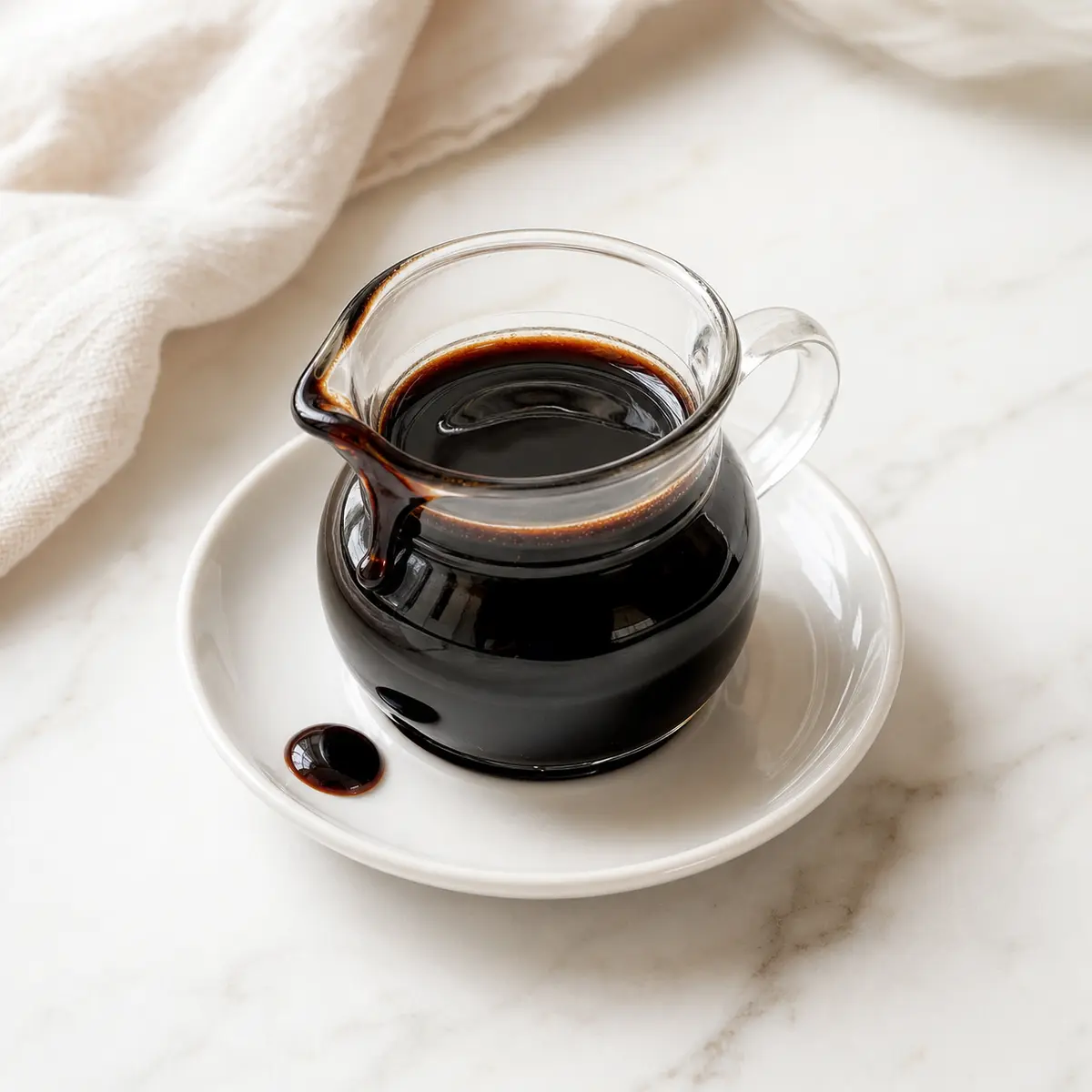 Dark molasses in a small pitcher with one tiny drop on a saucer