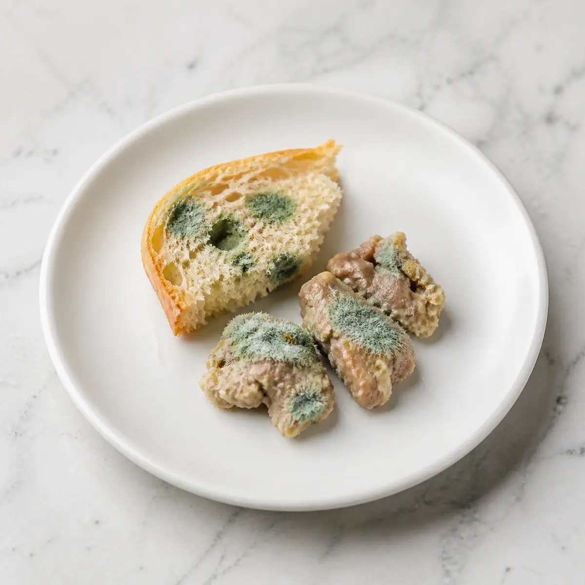 Moldy bread and food scraps isolated on a white plate