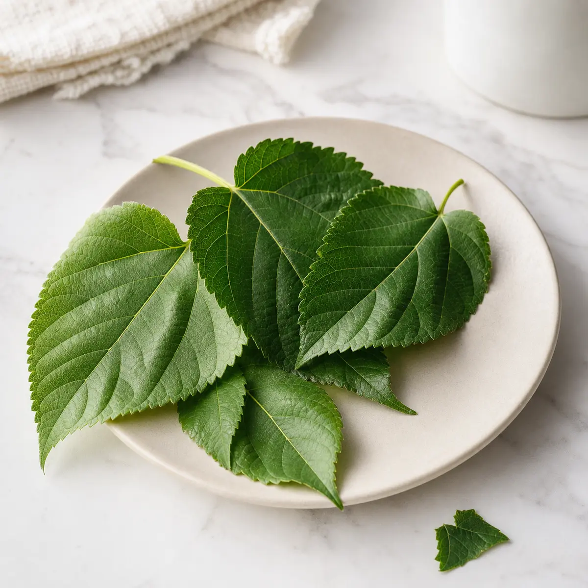 Fresh mulberry leaves on a plate with one tiny torn piece set aside
