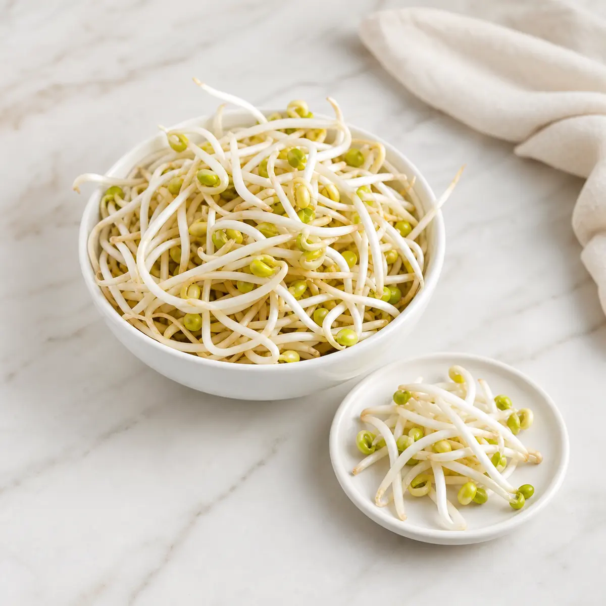 Fresh mung bean sprouts in a bowl with a tiny portion on a saucer