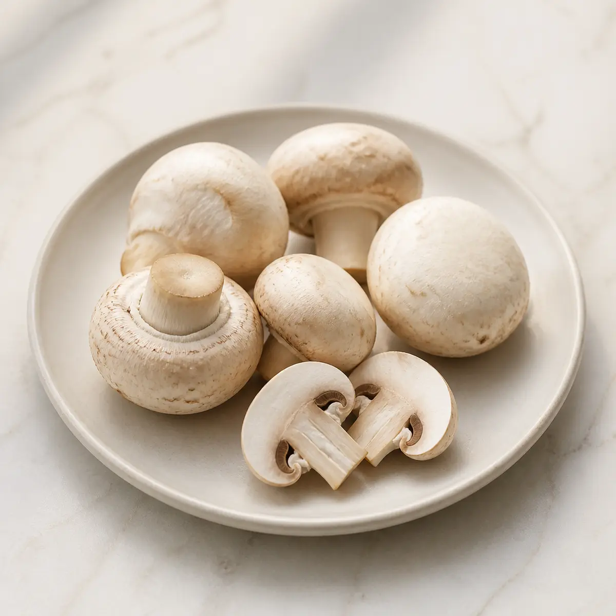 White button mushrooms and sliced pieces on a small plate