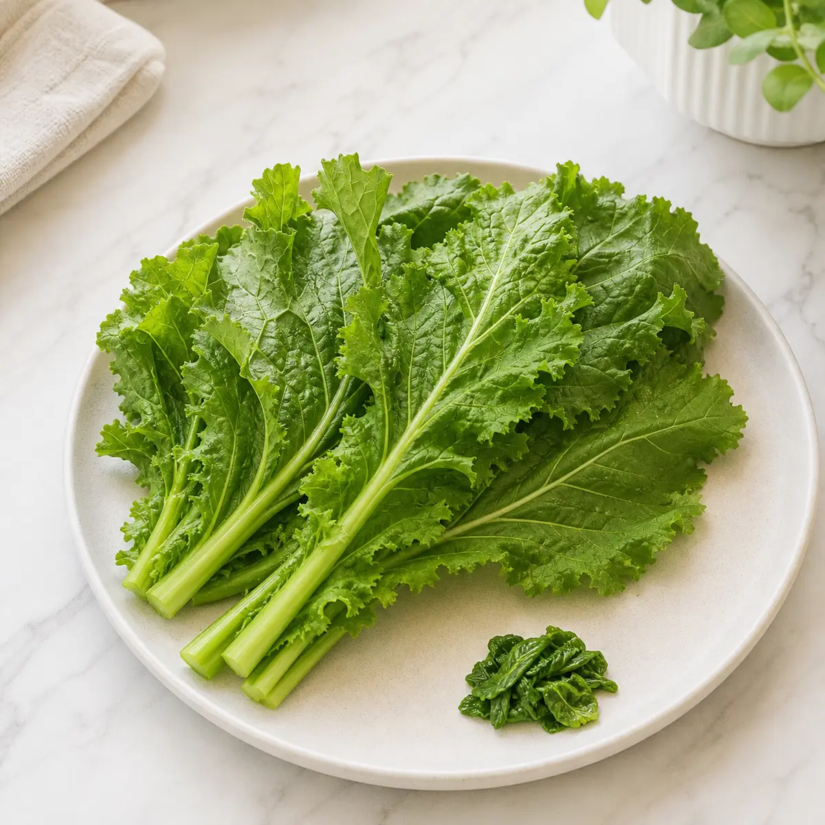 Fresh mustard greens on a plate with one tiny plain chopped portion