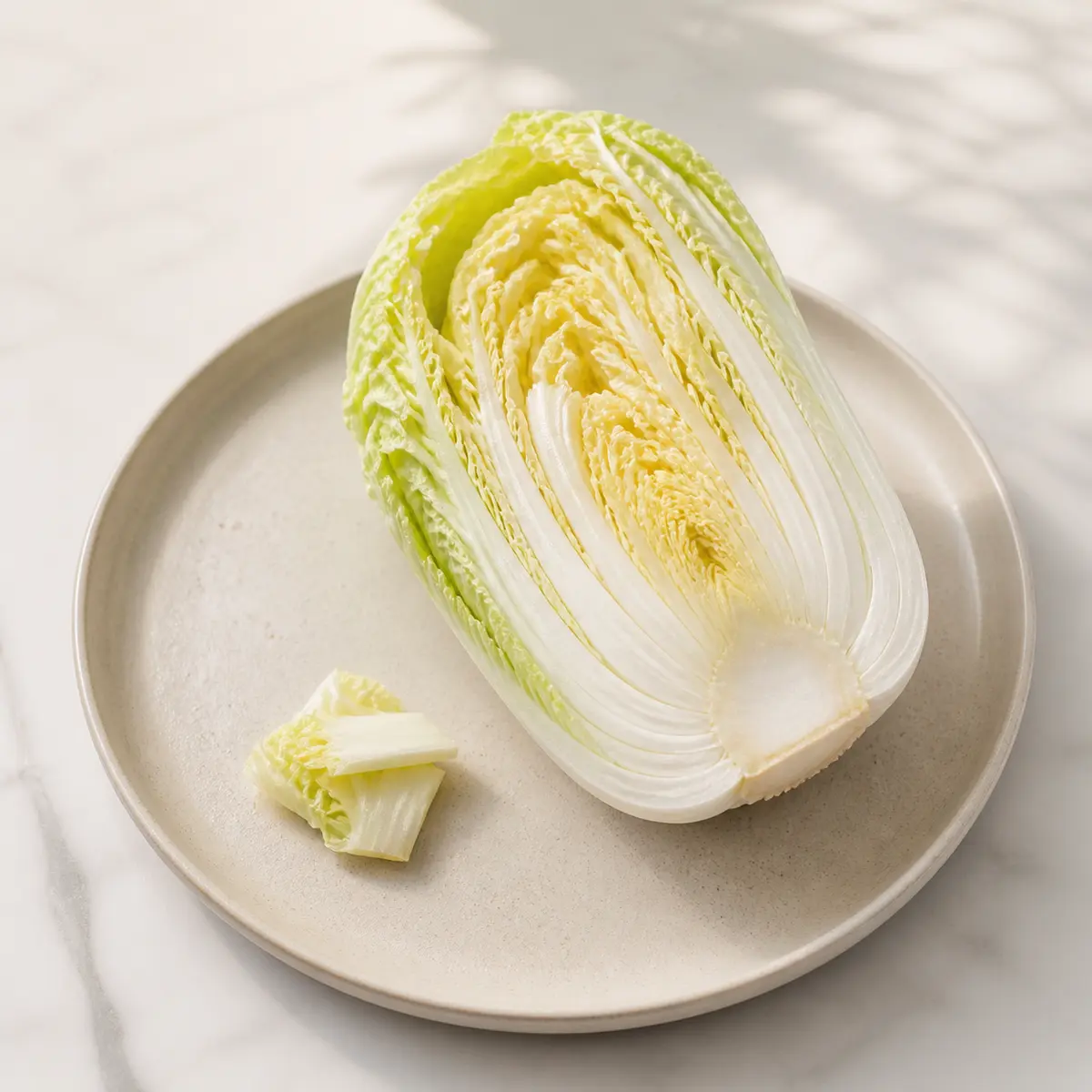 Halved napa cabbage on a plate with one tiny plain chopped piece