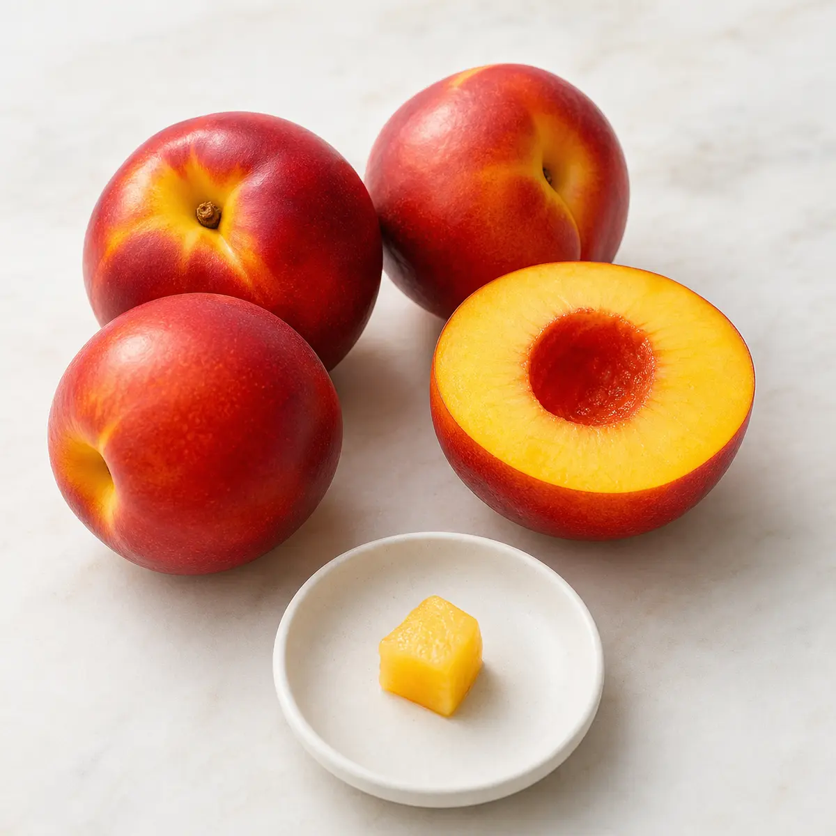 Ripe nectarines with one tiny peeled flesh cube on a small saucer