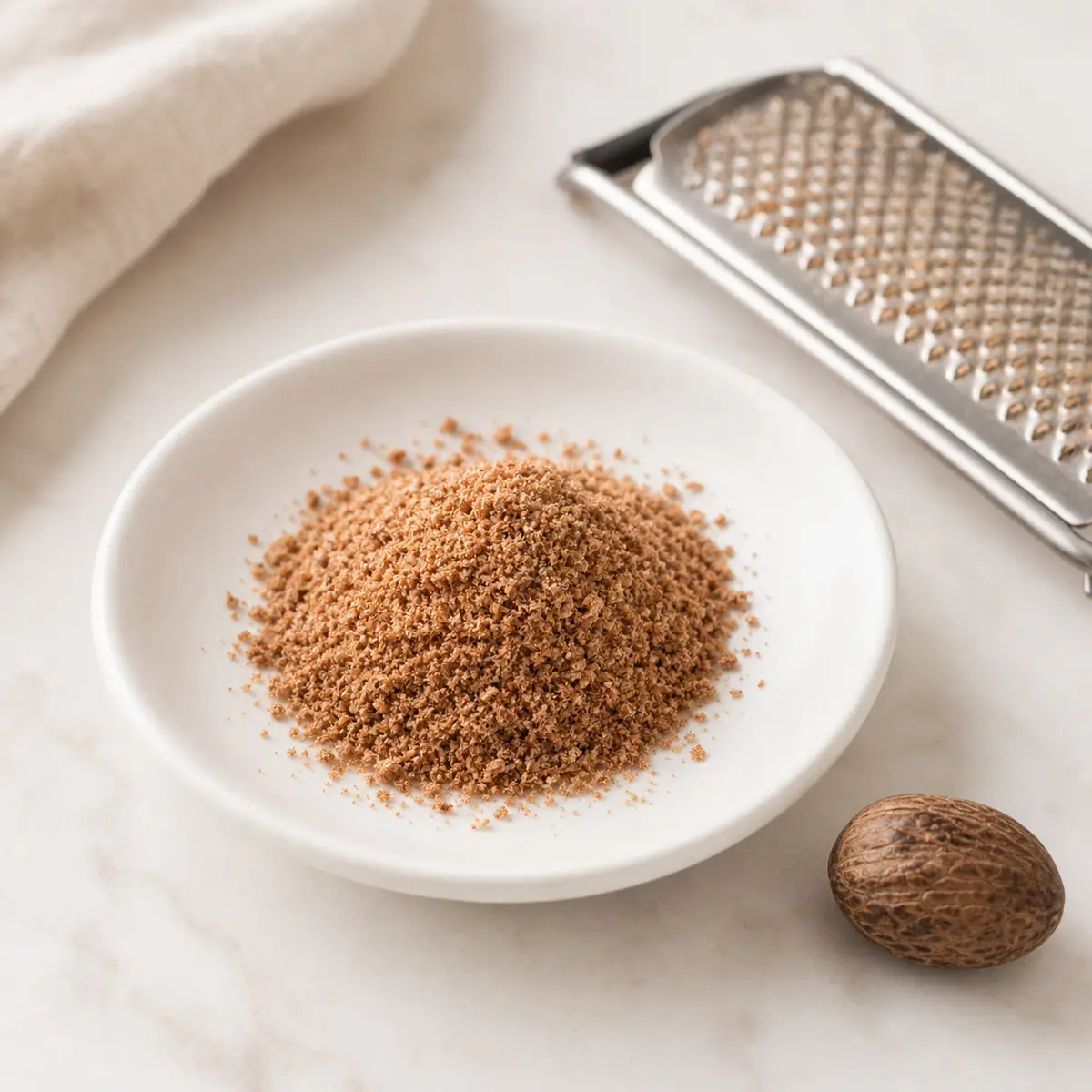 Ground nutmeg on a white saucer with a whole nutmeg seed nearby